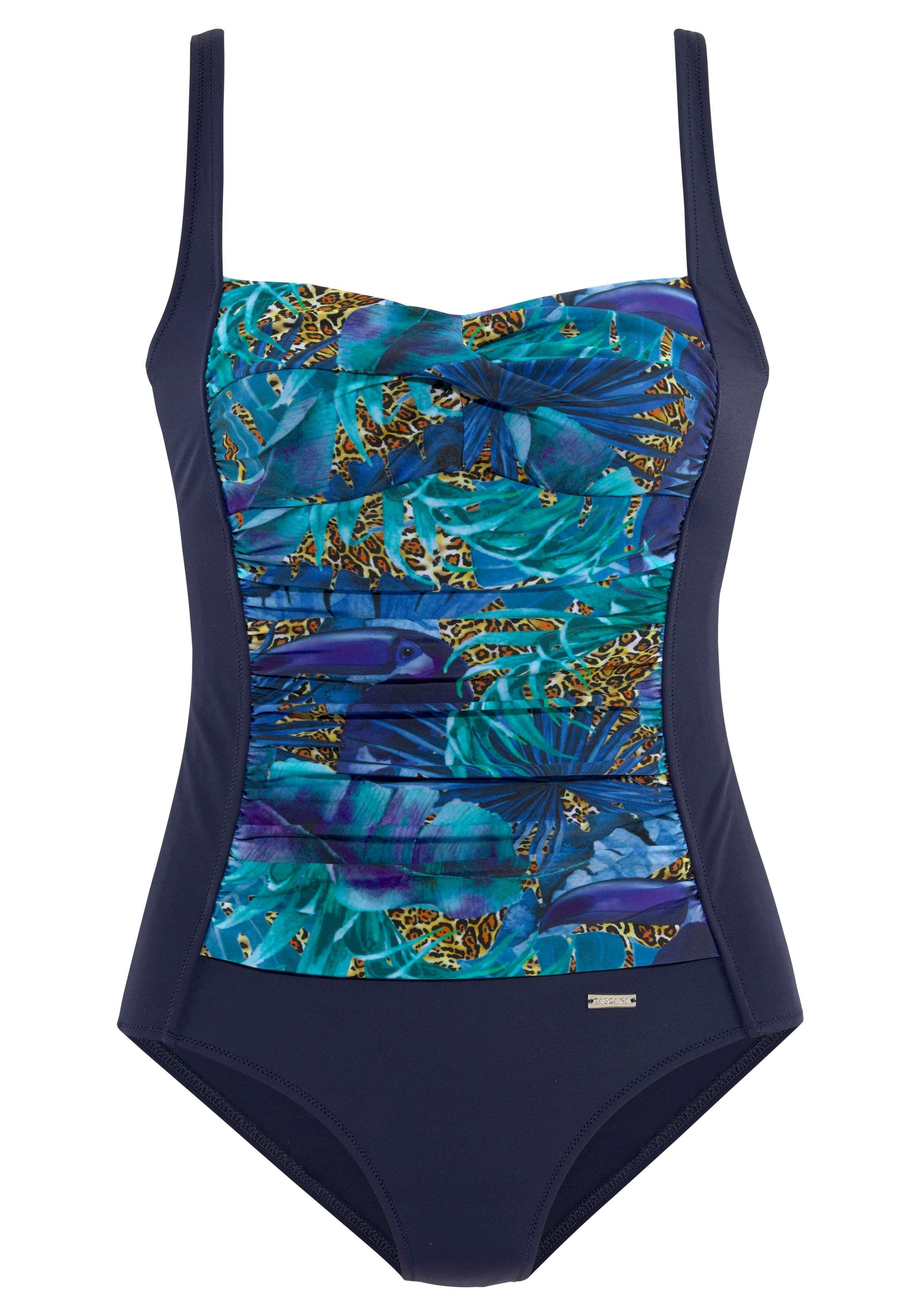 Dschungel-Optik Badeanzug mit und blau-bedruckt LASCANA Shaping-Effekt