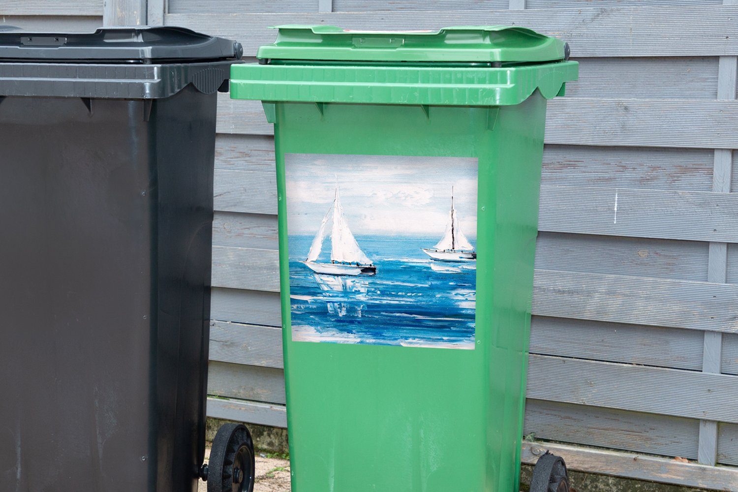 MuchoWow Wandsticker (1 Mülltonne, - St), Sticker, Wasser - Ölfarbe Abfalbehälter Boot - Container, Mülleimer-aufkleber, Malerei