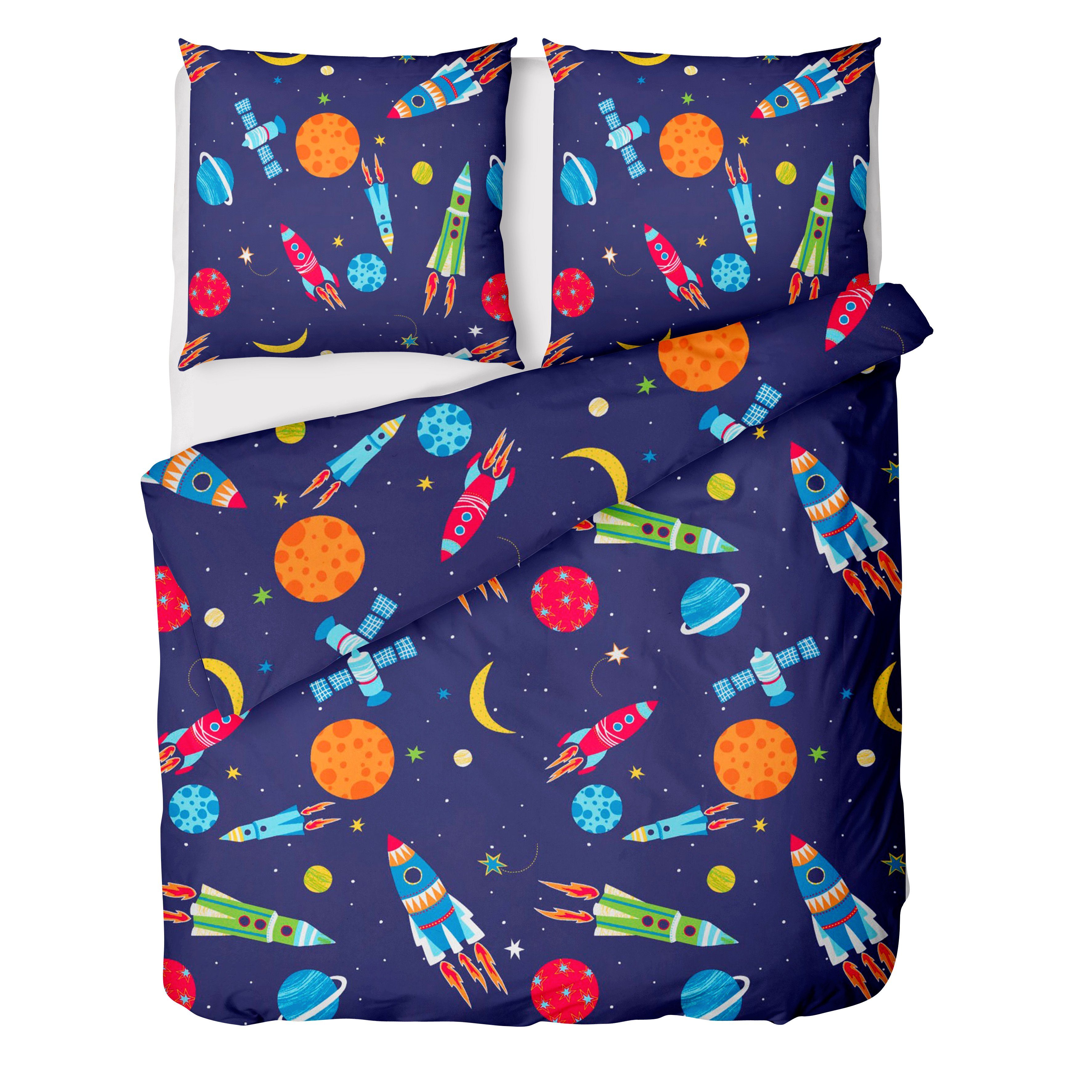 Kinderbettwäsche Astronauten Bettwäsche 135x200 2tlg. - 100% Baumwolle - Raketen Kinderbettwäsche für Jungen - Renforce Bettwäsche-Set, LINKHOFF, Atmungsaktiv, Bügelfrei, Mit Reißverschluss