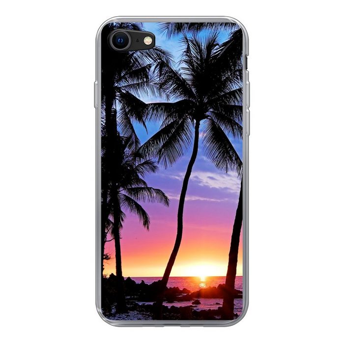 MuchoWow Handyhülle Der farbenprächtige Sonnenuntergang hinter einer Reihe von Palmen auf Handyhülle Apple iPhone SE (2020) Smartphone-Bumper Print Handy