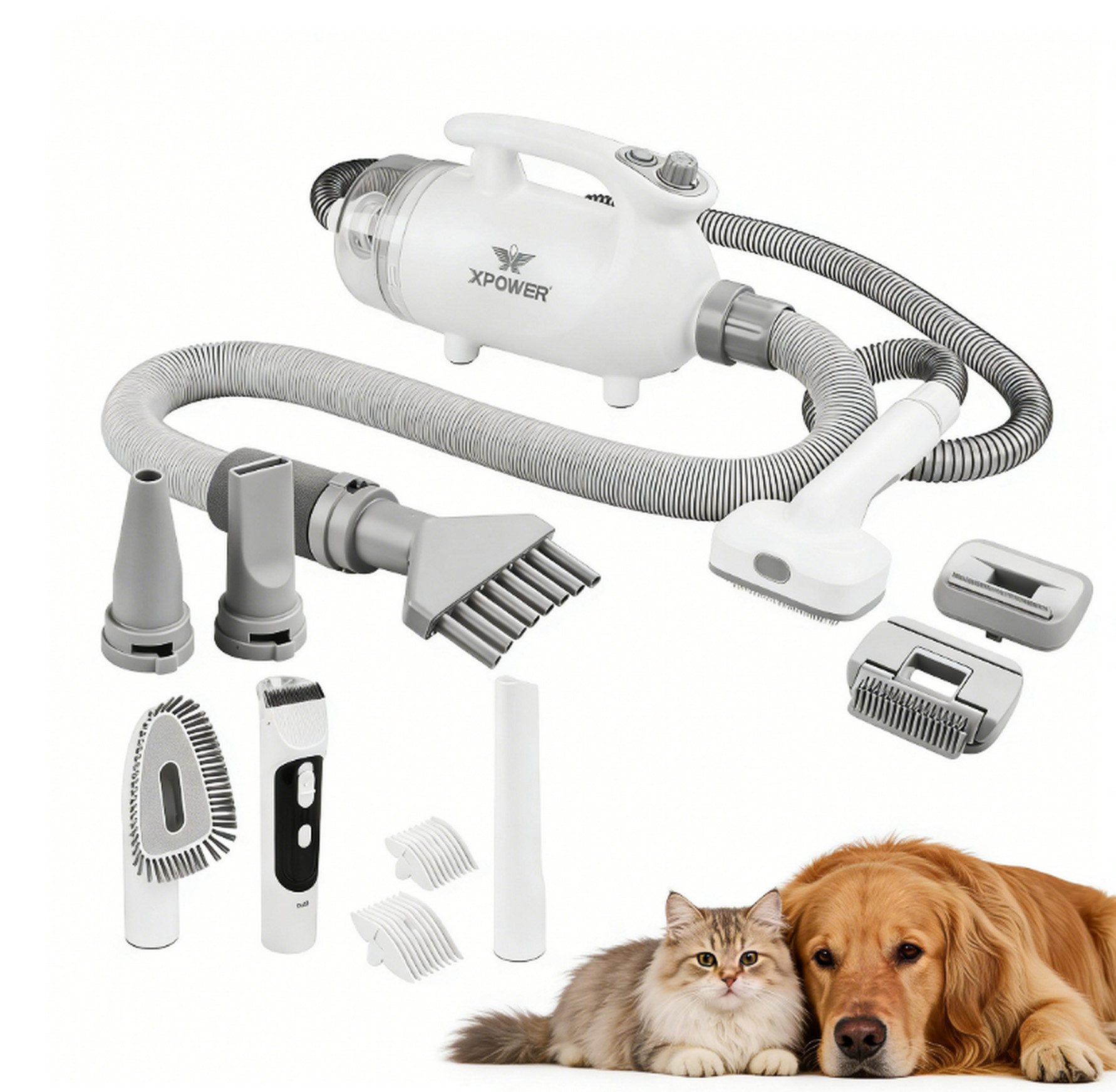 XPOWER Hundeschermaschine B-117 Haushalts Haustier Trimmer Anti-Sheddin Haustier Staubsauger Set, Professionelles Haustier-Grooming-Set, All-in-One-Tierpflege-Set,Verstellbare Drehzahl, 2-Gang-Heizmodus