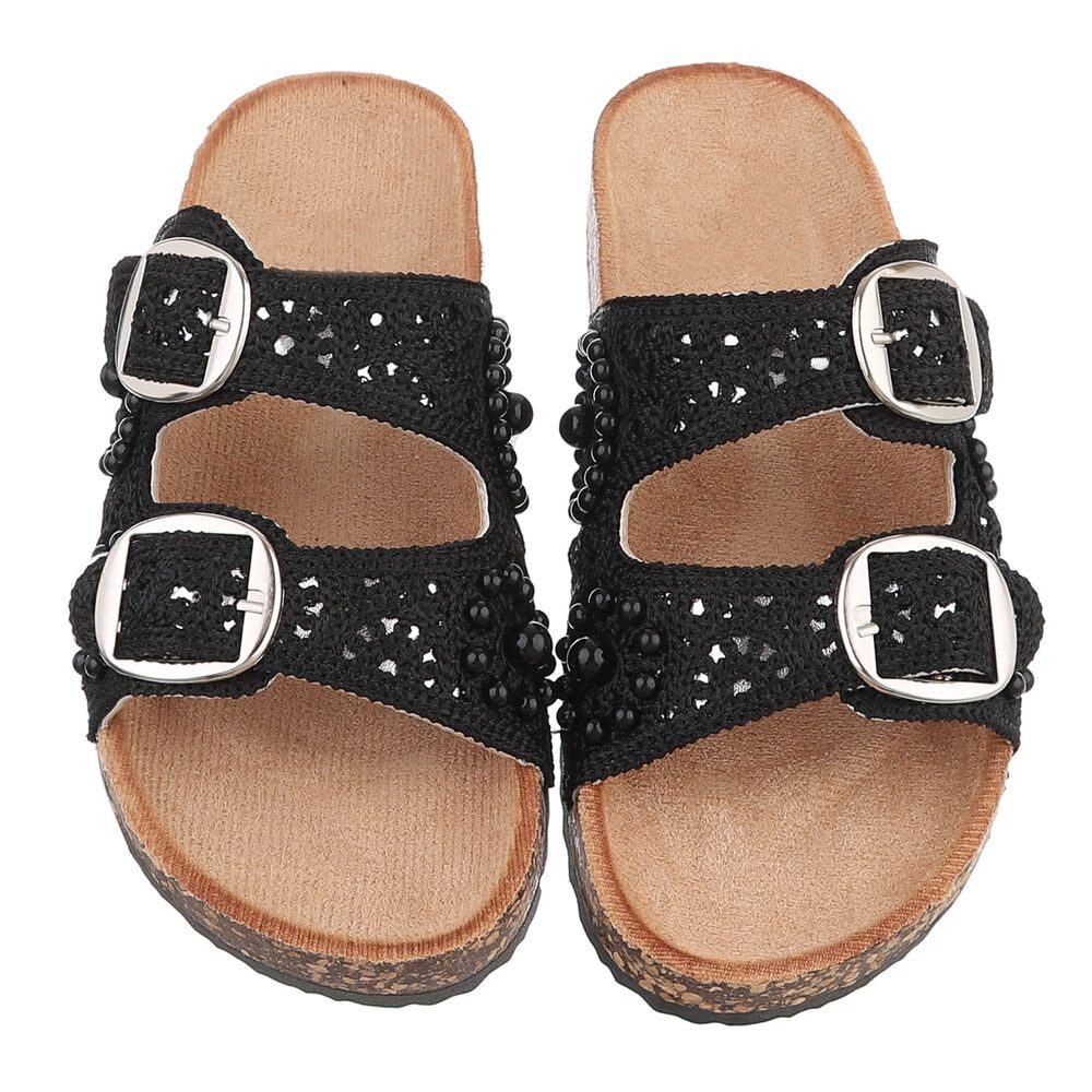 Ital-Design Damen Slides mit Schnallen und Perlenapplikation Pantolette (91971173) Flach Pantoletten in Schwarz – Bild 4 von 5