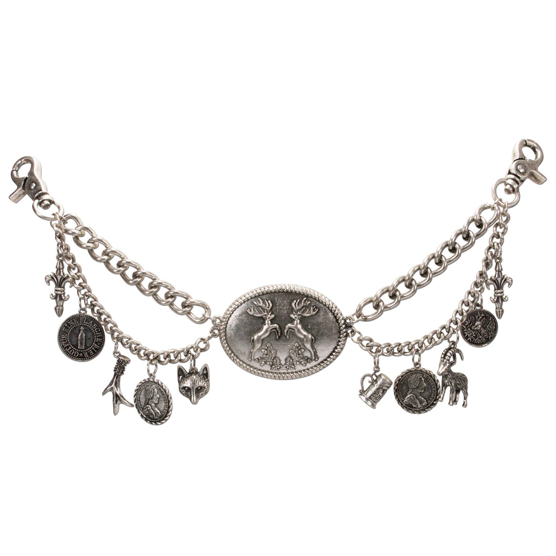 Alpenflüstern Kette mit Anhänger Trachten-Charivari Ferdi (antik-silber-farben), - Hochwertiger Herren-Trachtenschmuck mit Trophäen-Anhängern für die L