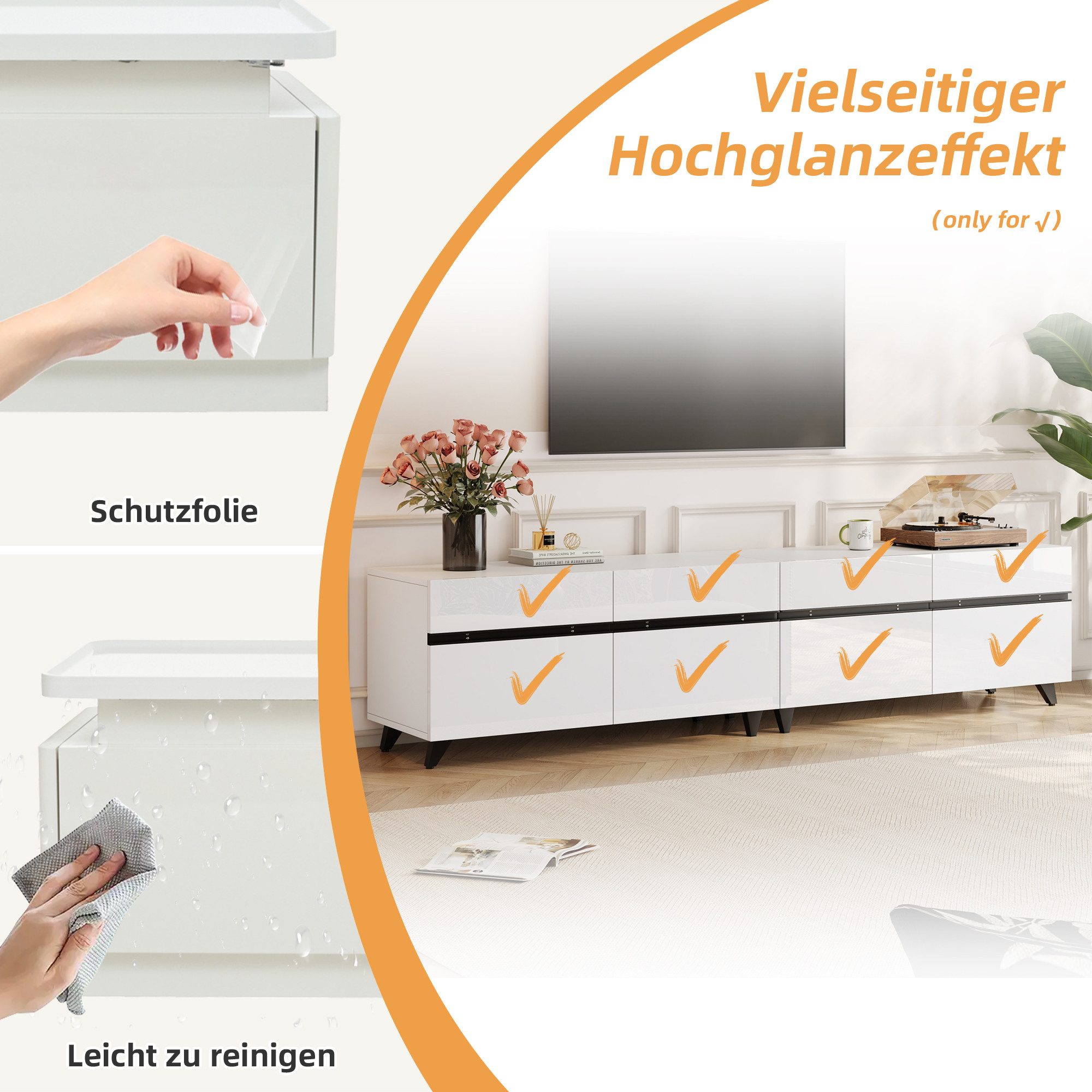 Merax Lowboard Hochglanz Fernsehtisch in Weiß mit schwarzen Linien (180×40×49 cm, 1 St., Wohnzimmerschrank für Fernseher bis 80 Zoll), TV-Schrank mit 4 Schränke – Bild 5 von 5