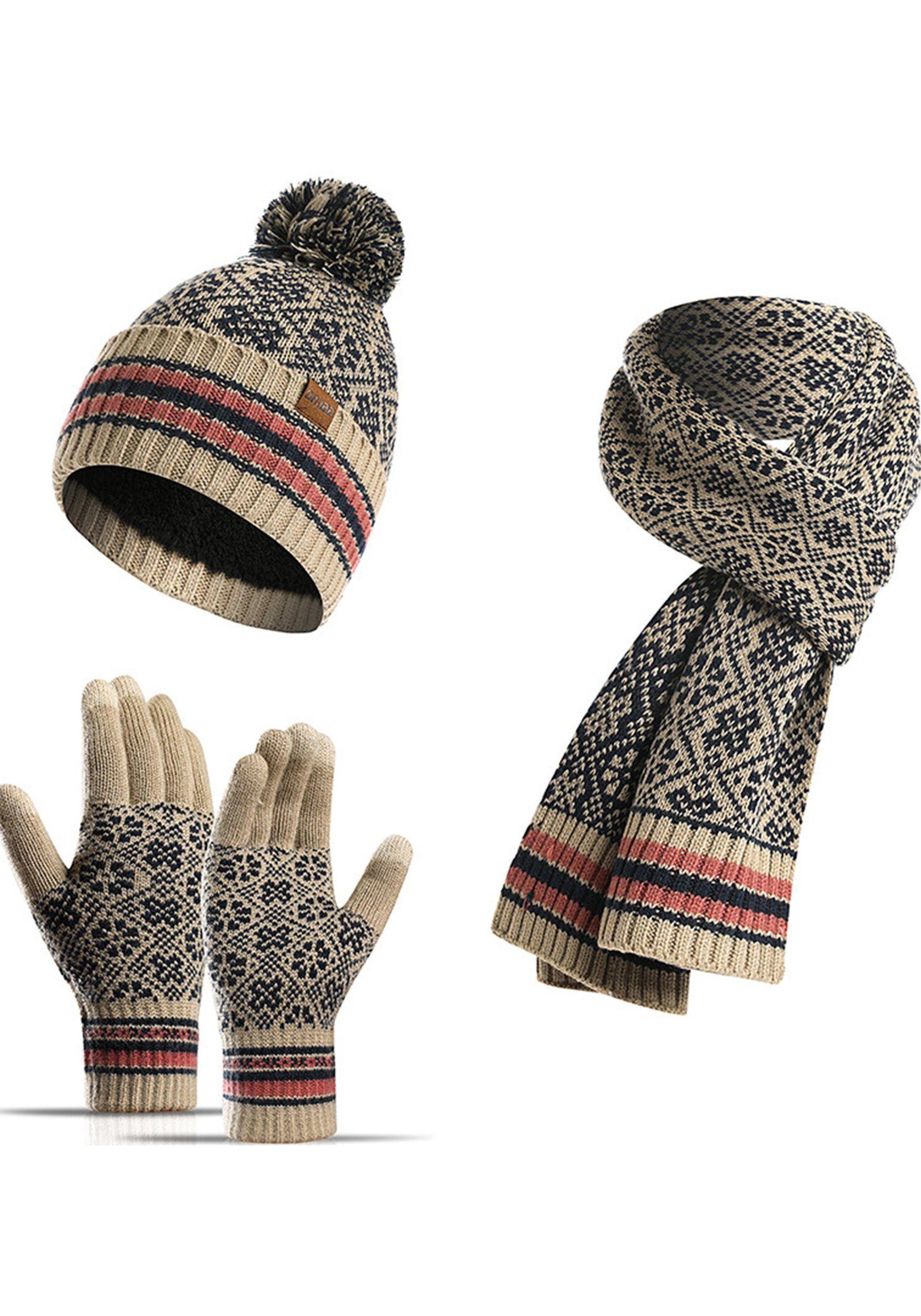 MAGICSHE Mütze & Weich Leopardenmuster und Set Schal Beige Schal Handschuhe warm