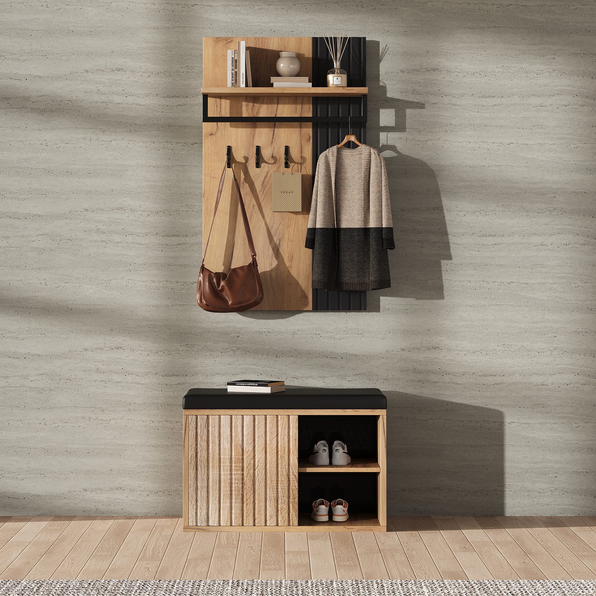 Flieks Garderoben-Set Garderobe mit Schuhbank in Holzoptik, (2-St), Schuhba günstig online kaufen