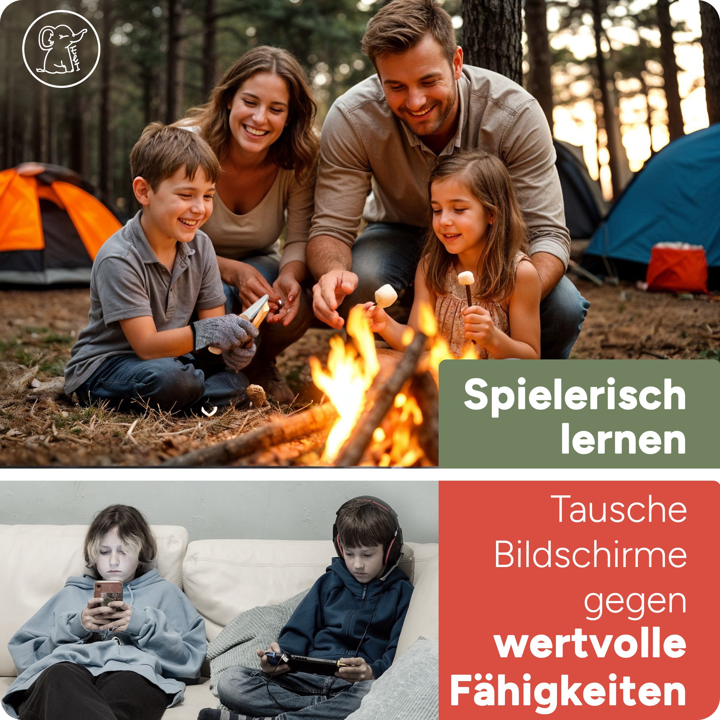 Eli Taschenmesser Schnitzmesser Kinder - Kindermesser mit Ledertasche - Schnitzwerkzeug, (Kindertaschenmesser - Outdoor Messer, Kinderschnitzmesser - Griffe aus Buchenholz), inkl. schnittfeste Handschuhe - Beidhändig - rostfreier Stahl