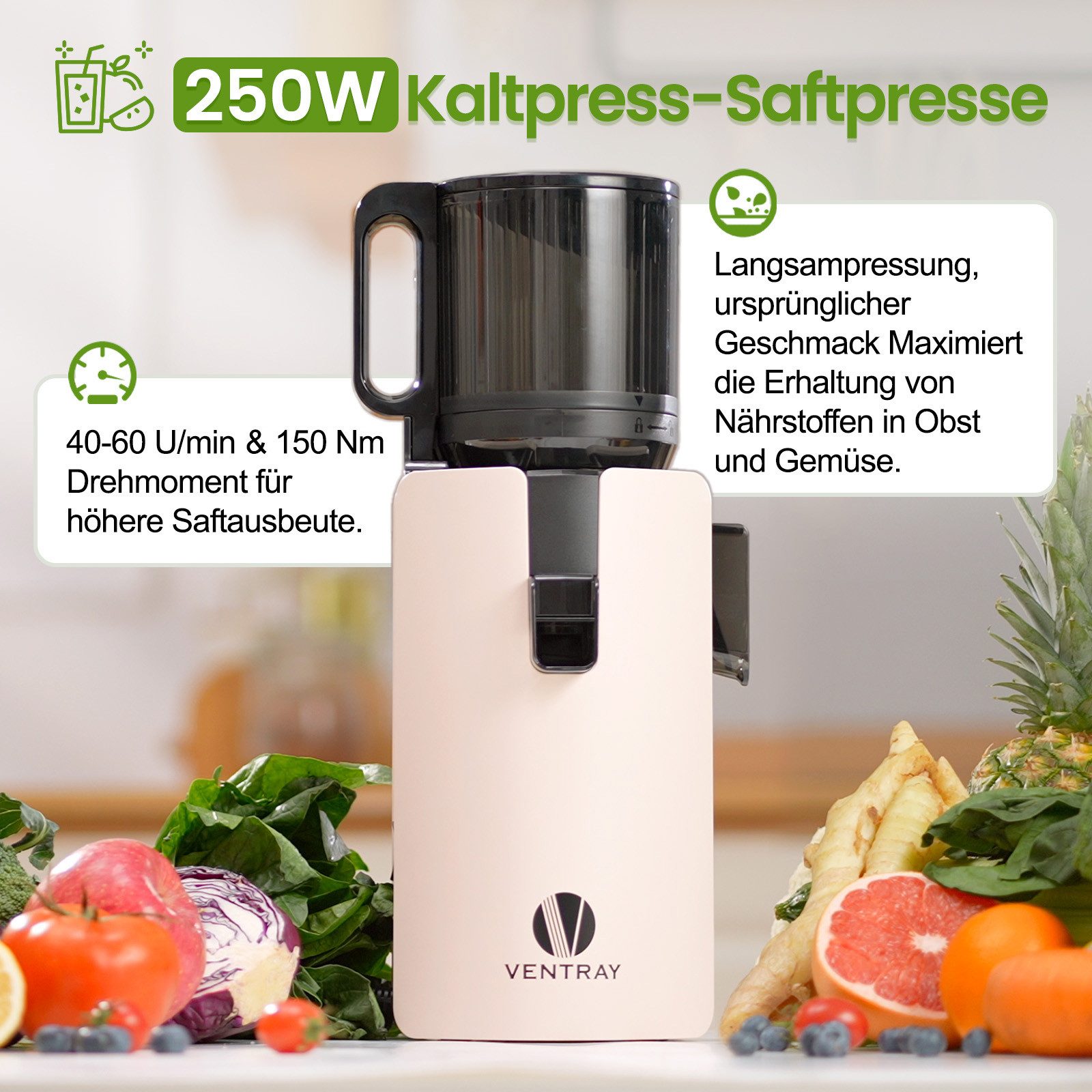 VENTRAY Slow Juicer Ventray Kaltpresser, Breiter Schacht, Zweistufig Schraube, Leicht Rein, 250 W