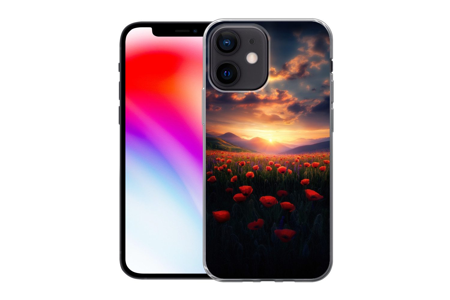 MuchoWow Handyhülle für Apple iPhone 12 Mini Landschaft - Sonnenuntergang - Blumenfeld, Smartphone-Bumper, Print, Handy Schutzhülle Dünn