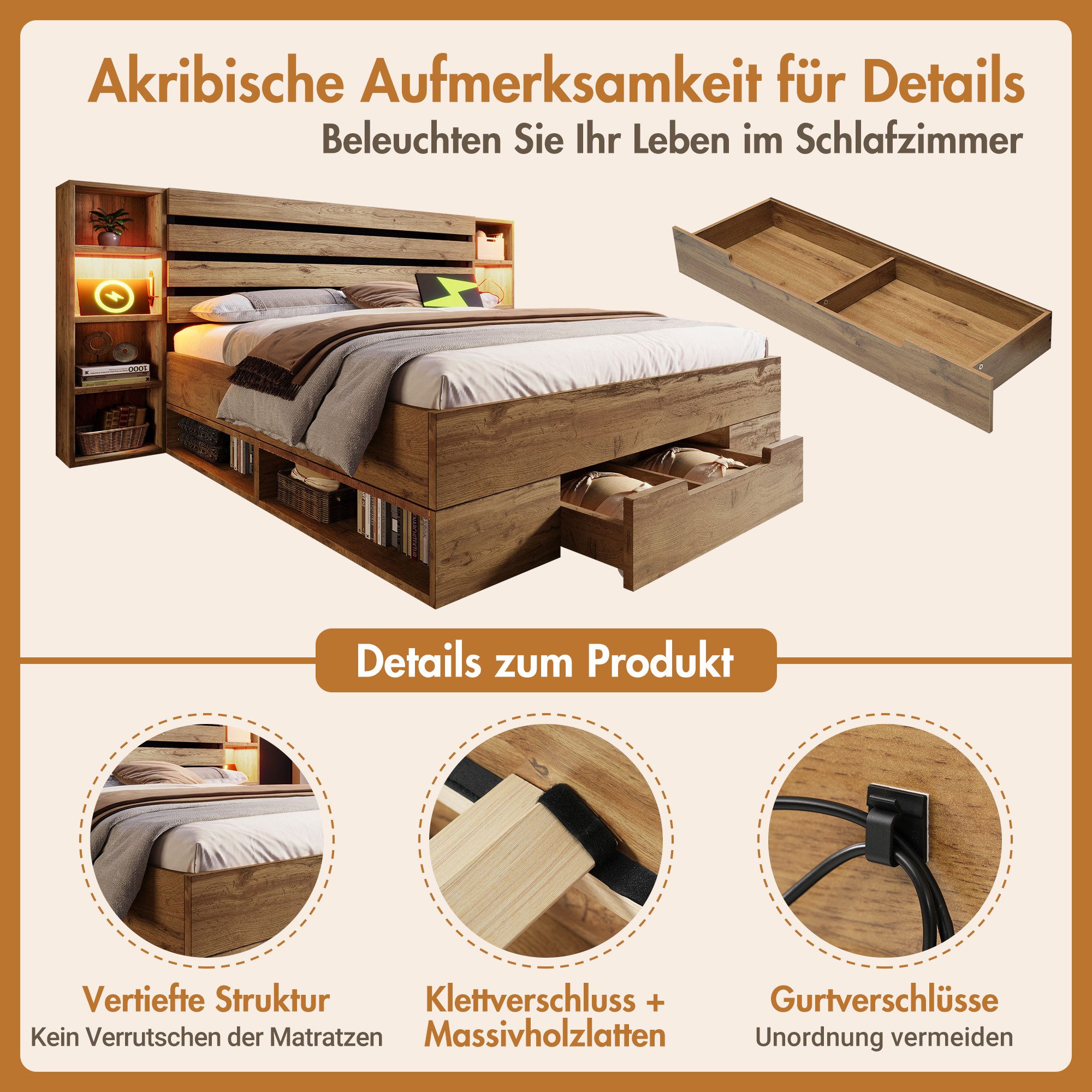 Ulife Stauraumbett aus Holz, mit LED, USB/Type-C, Doppelbett 180/160×200cm (1-tlg., Ohne Matratze), mehr offene Fächer, LED-Nische & 1 Schubladen. Stabilität 16 – Bild 5 von 5