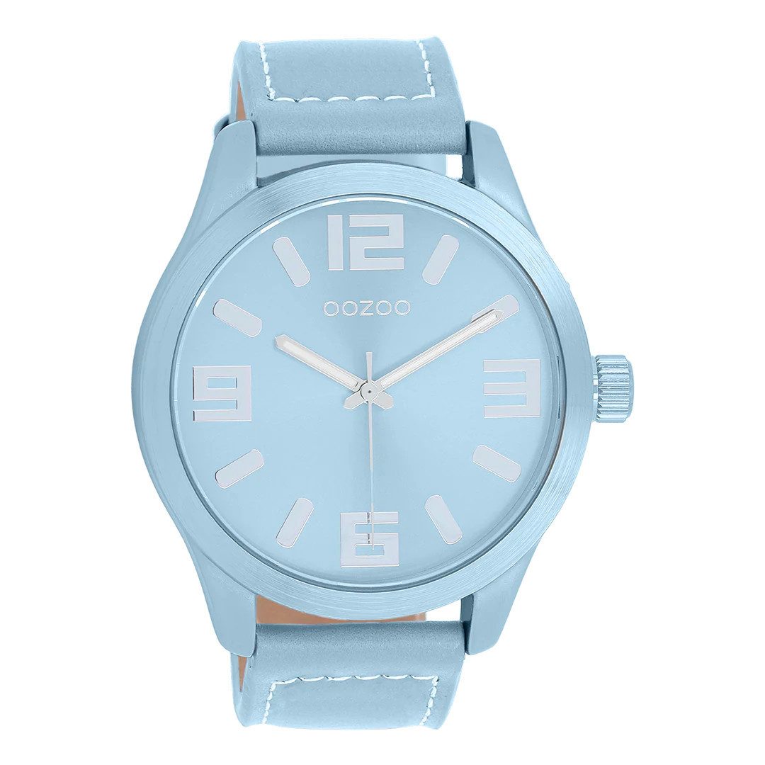OOZOO Quarzuhr XXL Armbanduhr C11653 – hellblau, Lederband, Statement-Uhr 46 mm