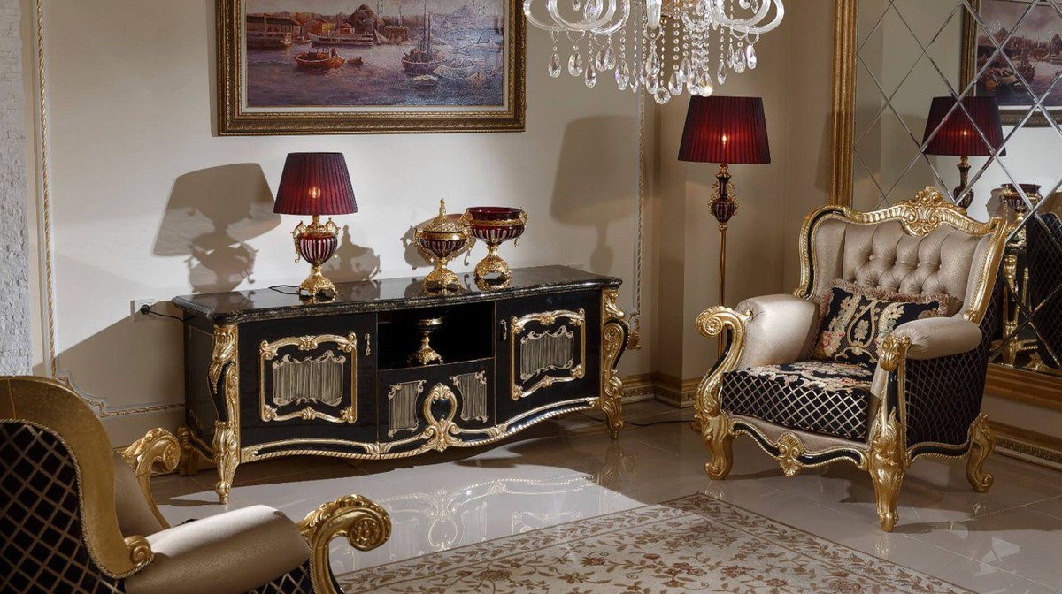 Casa Padrino Sessel Muster Schwarz Wohnzimmer Gold Gold / Mehrfarbig elegantem - / / Sessel Barock Luxus Barock - Sessel mit Prunkvoller Möbel Wohnzimmer