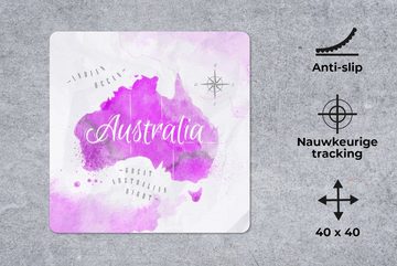 MuchoWow Gaming Mauspad Weltkarte - Australien - Rosa (1-St), Mousepad mit Rutschfester Unterseite, Gaming, 40x40 cm, XXL, Großes