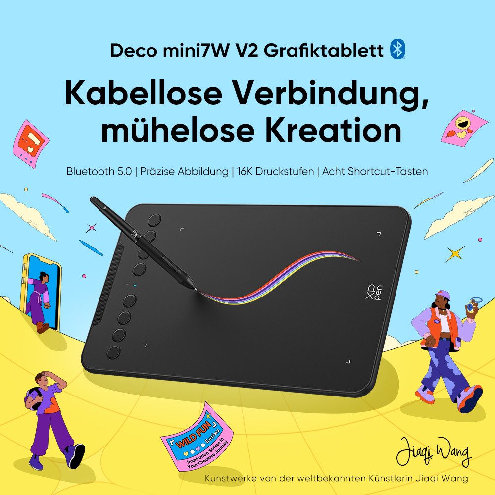 XP-PEN Deco mini7W V2 Grafiktablett (7", 16.384 Druckstufen60°-NeigungserkennungBluetooth 5.0)