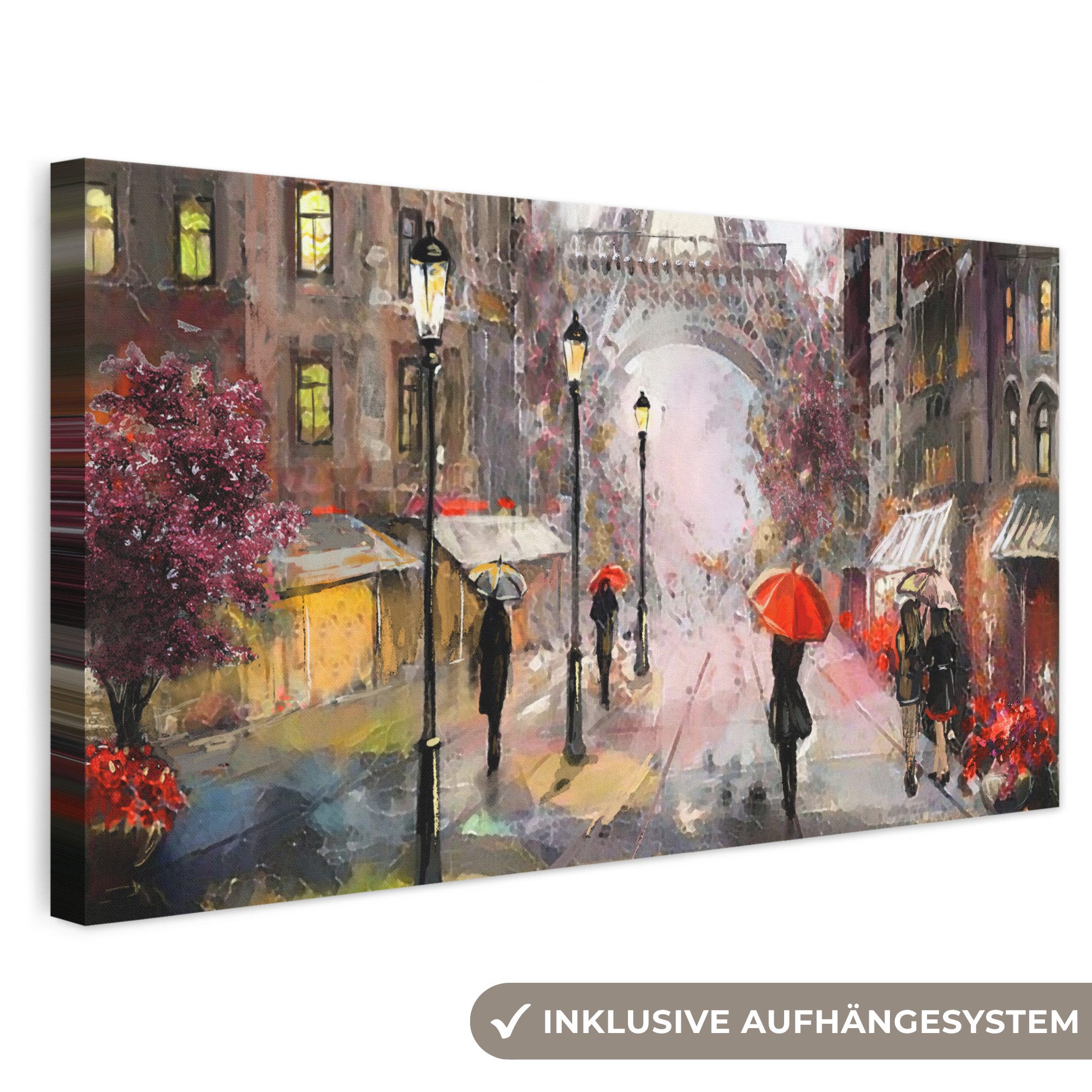 OneMillionCanvasses® Leinwandbild Panorama Kunstdrucke - Paris - Eiffelturm - Regenschirm - Ölfarbenopt, Fotodruck (1 St), Wandbild, Deko Schlafzimmer Wohnzimmer Flur 40x20 cm