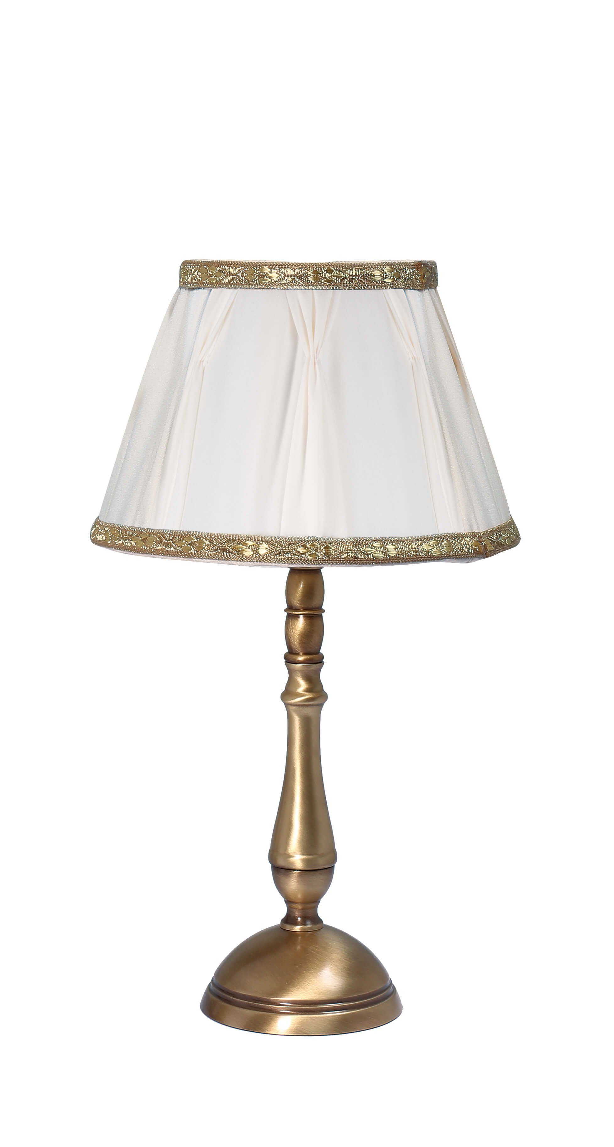 Licht-Erlebnisse Nachttischlampe PELIEL, ohne Leuchtmittel, Schlafzimmer Tischlampe aus Messing Stoff glänzend H:20cm E14 Premium