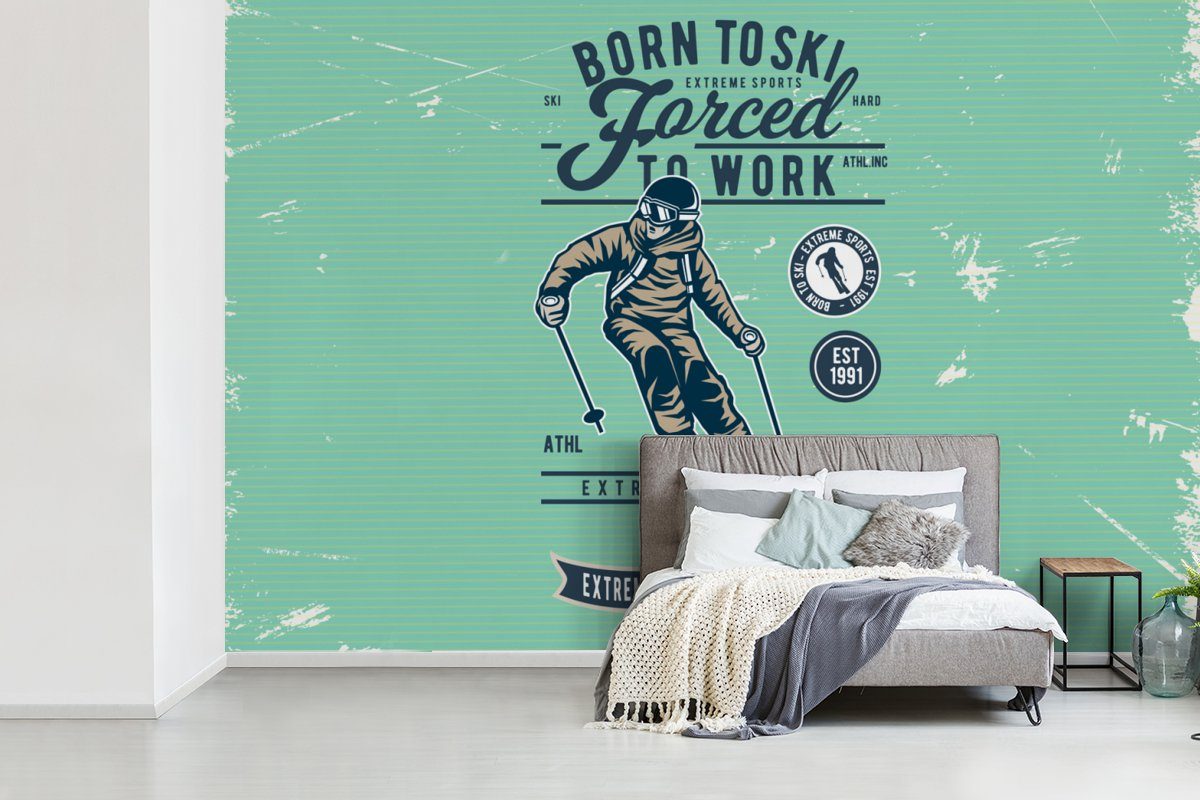 Schlafzimmer, MuchoWow (6 Kinderzimmer, - Fototapete Retro Wallpaper bedruckt, Vinyl Skianzug Tapete Grün, Wohnzimmer, Matt, St), für -