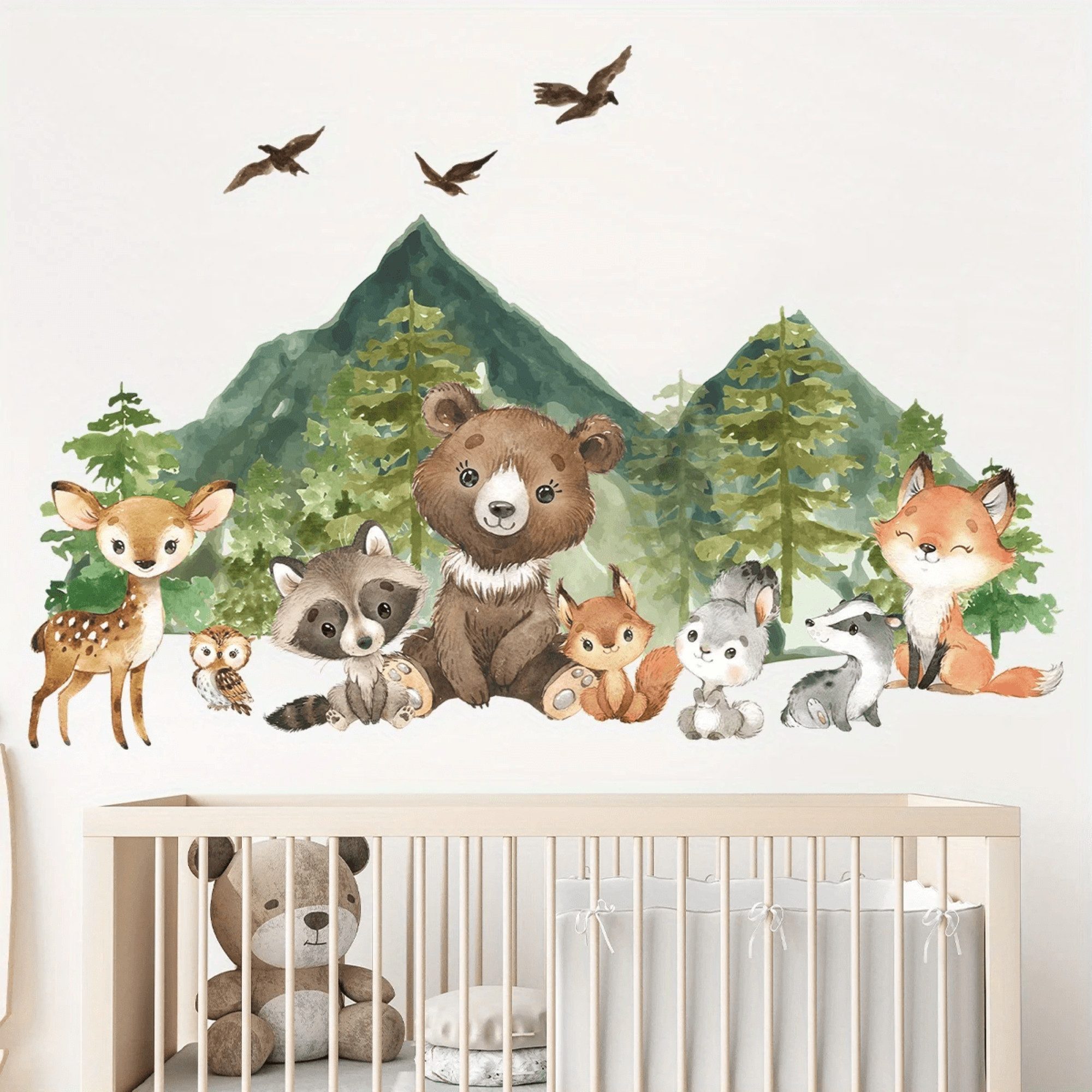 Montegoni Wandsticker Kinder Tier Wandaufkleber Dekoration (lächelndes Gesicht Bär, Hirsch, Fuchs,Baum, Bergtier Wandaufkleber), Wandtattoo mit Waldtieren für S – Bild 4 von 5
