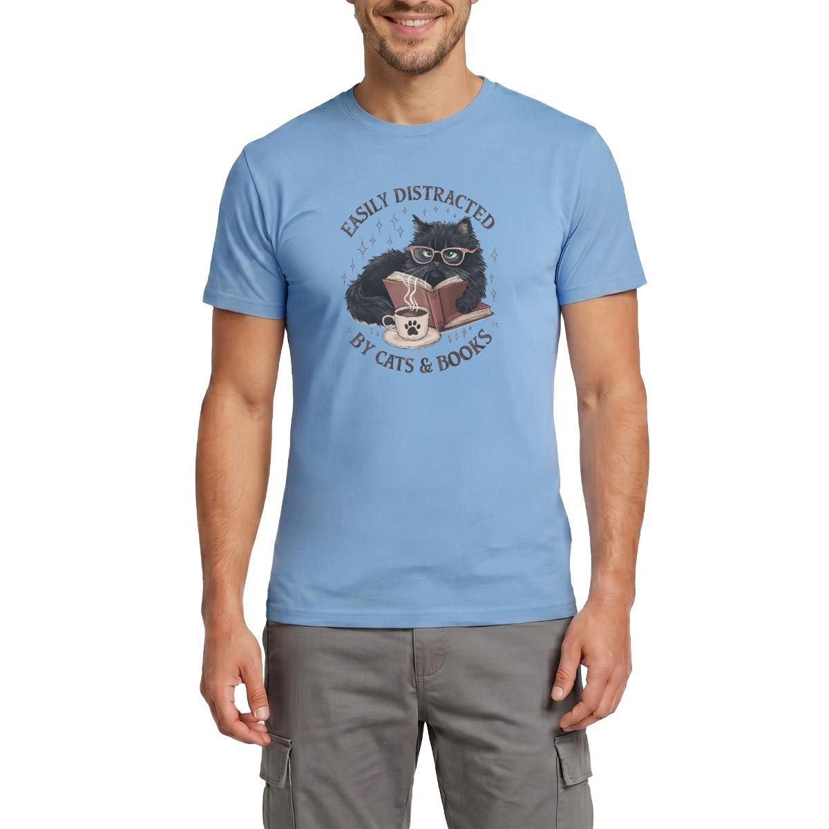 Spreadshirt T-Shirt Easily Distracted By Cats & Books, Leseratte Katze Männer T-Shirt (1-tlg)