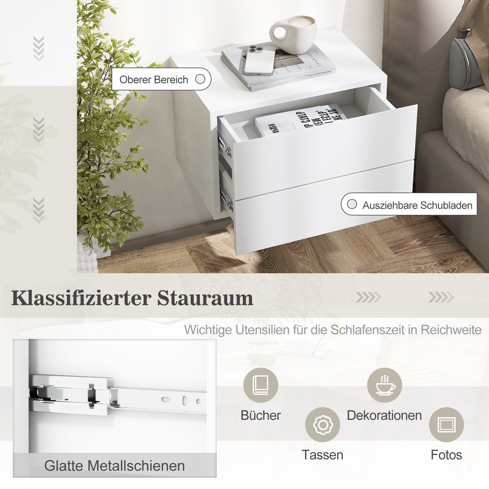 COSTWAY Nachttisch (1-St), hängend, mit 2 Schubladen, Nachtschrank