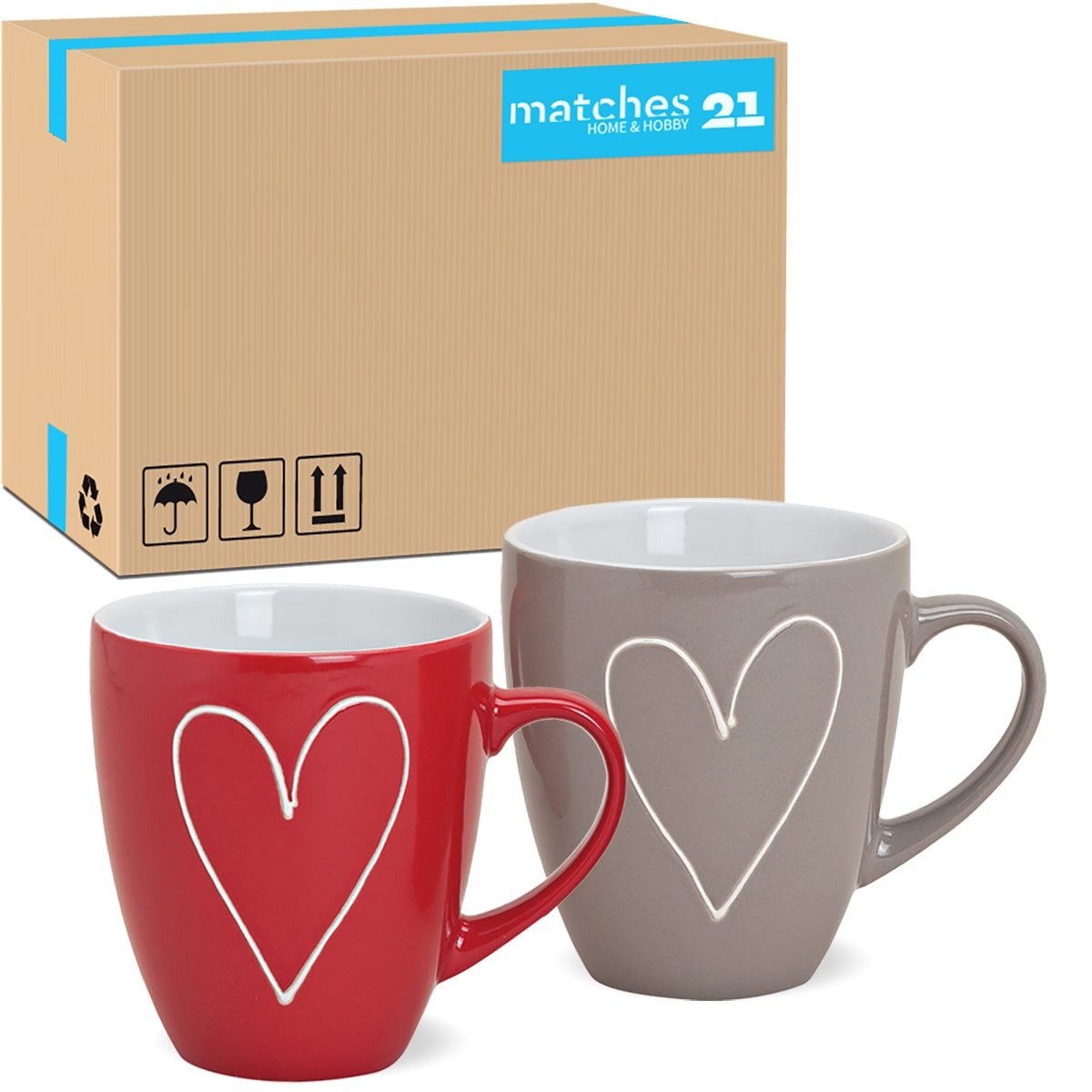 matches21 HOME & HOBBY Tasse Große Kaffeetassen 36er Set Landhaus-Stil einfarbig Herzen Liebe, 36-tlg., Keramik, Tee Kaffee-Becher klassisch rot grau weiss 400 ml