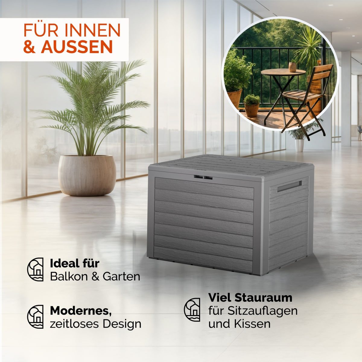 Casaria Auflagenbox Lille (1 St), 190L UV-beständig Griffmulden Verschließbar Balkon Holz-Optik Grau – Bild 4 von 5
