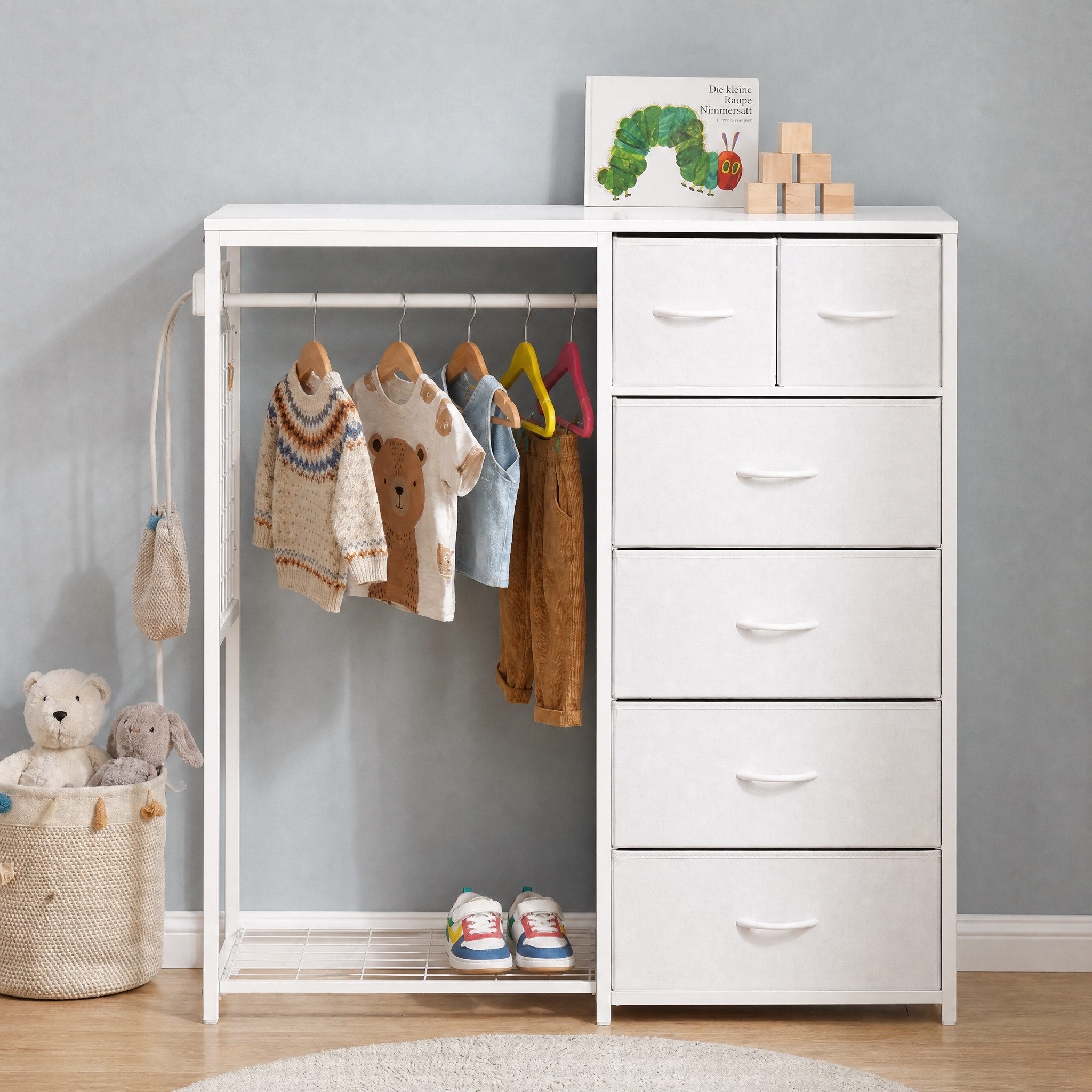 BlingBin Kinderkleiderschrank Multifunktionaler Garderobenständer für Kinder mit Kleiderstange (1er Set, 1-St., 125 × 40 × 120 cm) 6 Schubladen und integrierter Steckdose
