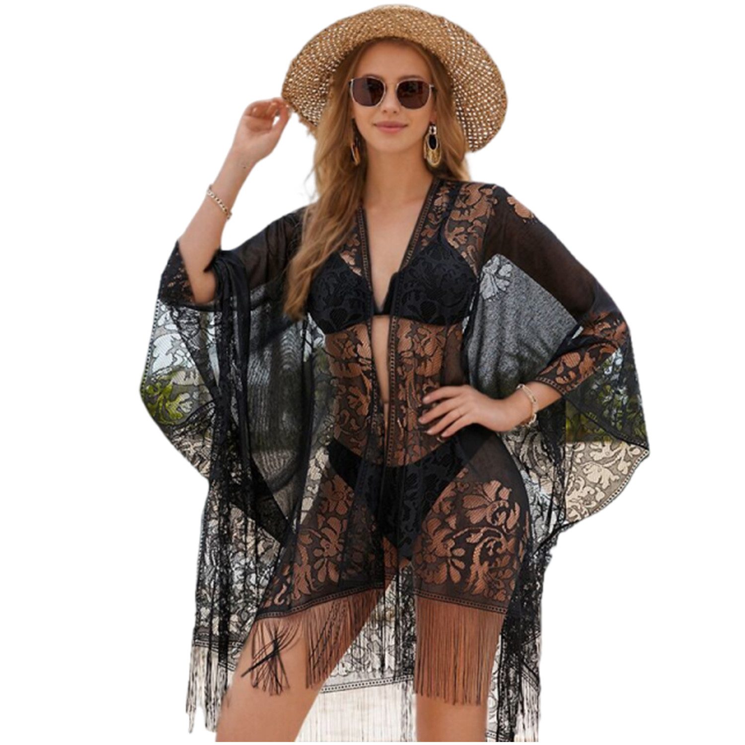 Refttenw Strickjacke Badebekleidung,Sexy Eleganter Spitzen-Kimono Strandpon günstig online kaufen