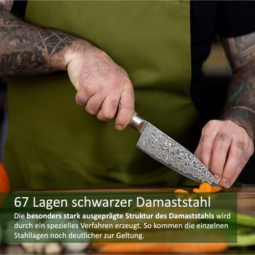 ZAYIKO Kochmesser Kinone Damast Kleines Chefmesser I 16 cm Klinge Wurzelholzgriff Birke, dunkler Damaststahl