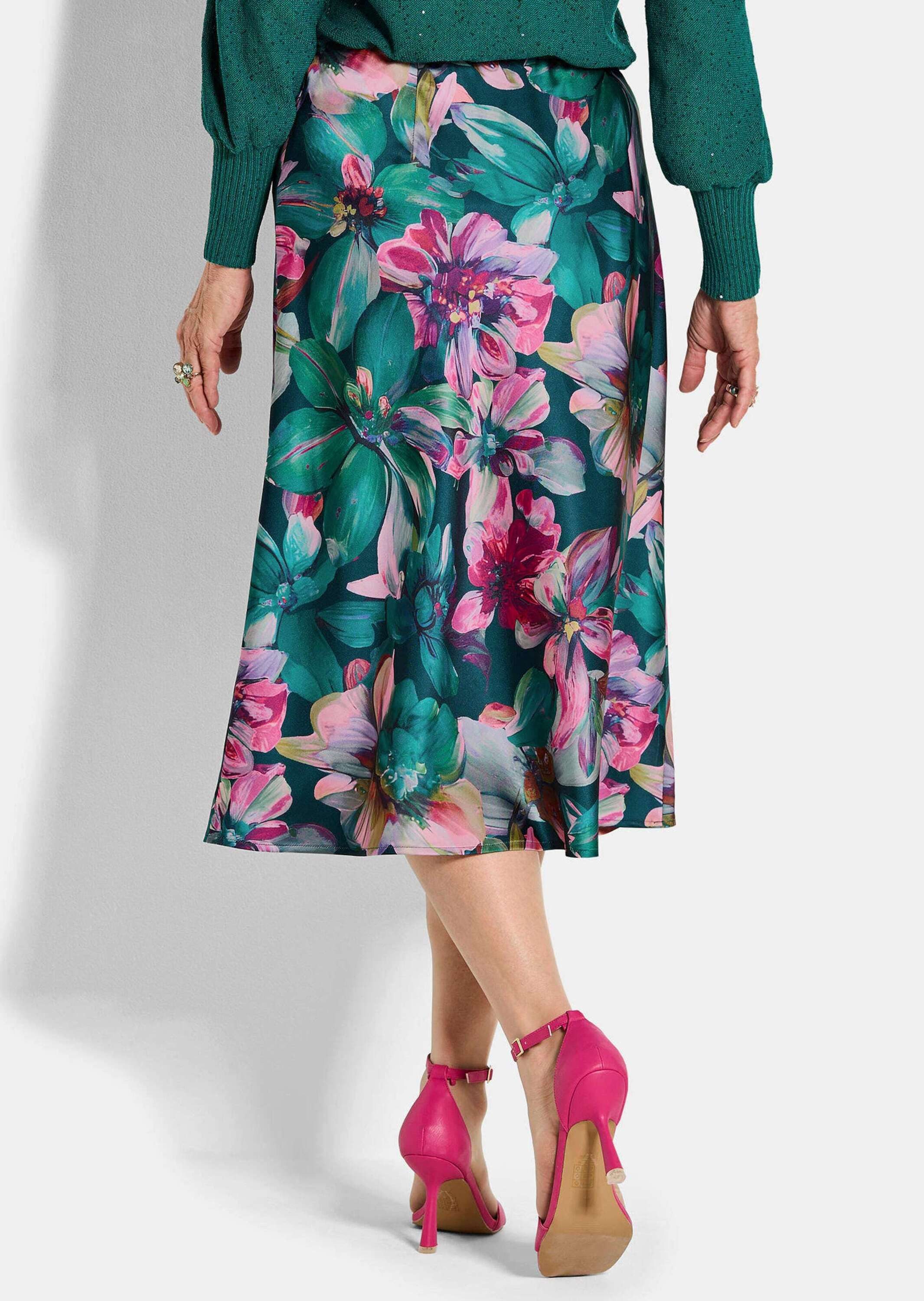 GOLDNER Schlupfrock Eleganter A-Linienrock, floraler Print Midirock aus schimmerndem Satin mit elastischem Bund, verschlusslos