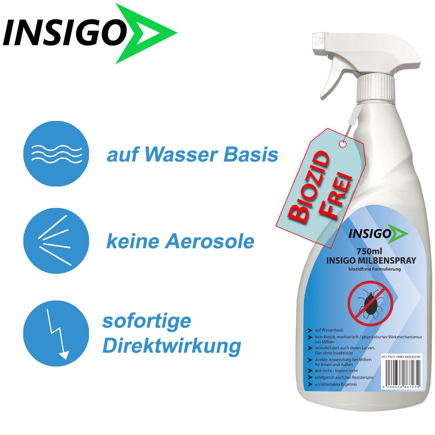 INSIGO Insektenspray Anti Milben-Spray Milben-Mittel Ungezieferspray, 3 l, biozidfreie Formel, auf Wasserbasis, geruchsarm, brennt / ätzt nicht