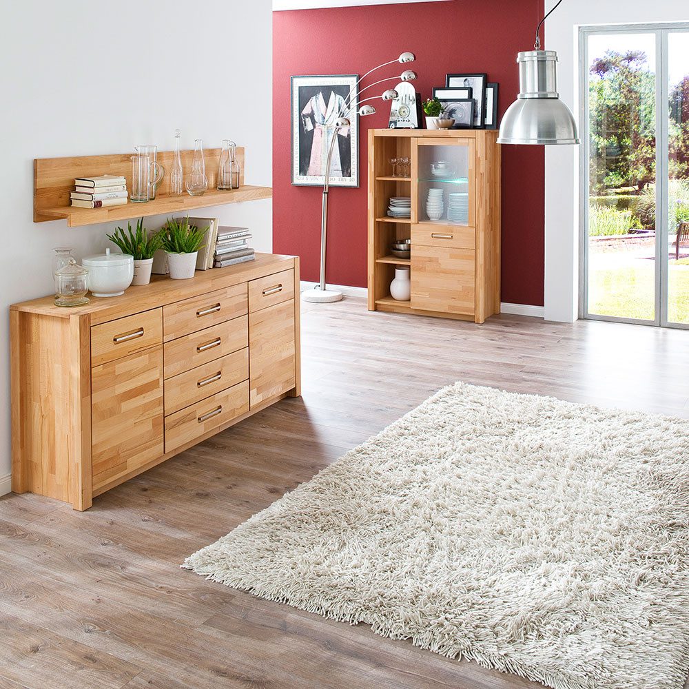 Lomadox Esszimmer-Set FOSSANO-06, (Spar-Set, 3-St., Highboard Sideboard Wandregal), in Kernbuche massiv geölt, inkl. LED-Beleuchtung