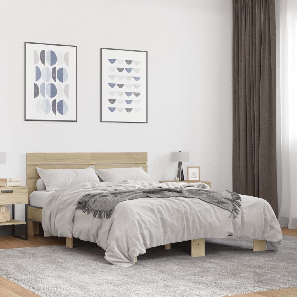 Bettgestell Massivholz mit Metall, 203x143x81 cm, Sonoma-Eiche