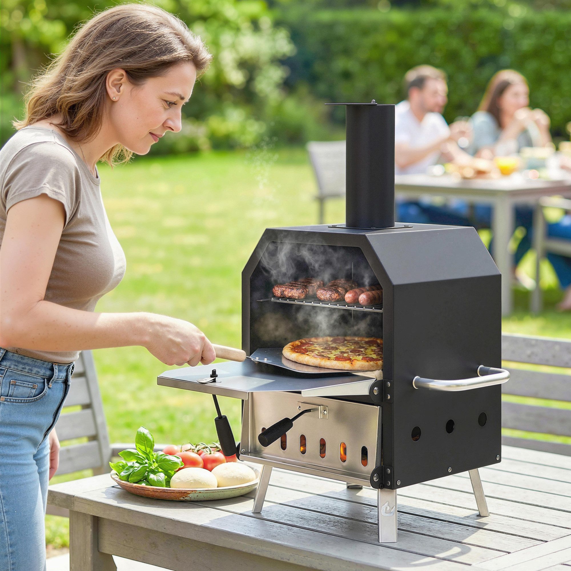 Outsunny Pizzaofen mit 1cm dick Pizzastein, Luftöffnung, Klappbein, für Camping Garten Party