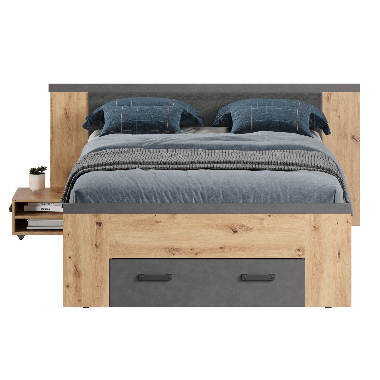trendteam Holzbett, Doppelbett Stauraumbett Schlafzimmerbett Eiche/Anthrazit 190x87x203cm