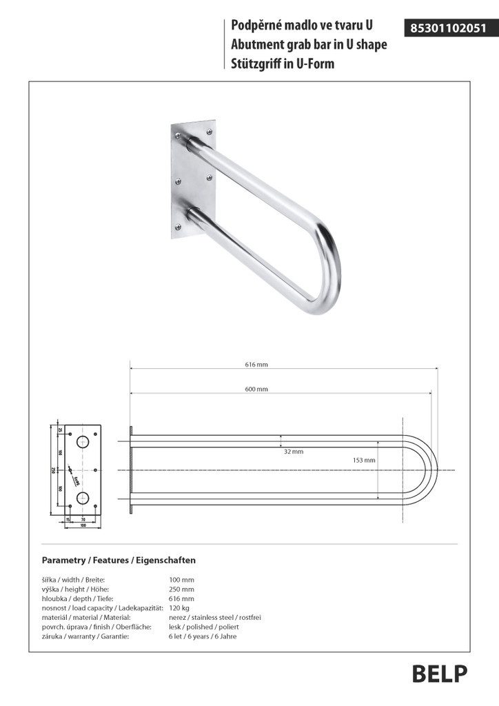 BRILLANTBAD® Stützklappgriff BELP Stützgriff U-Form Edelstahl poliert für Bad & WC >> Bohren