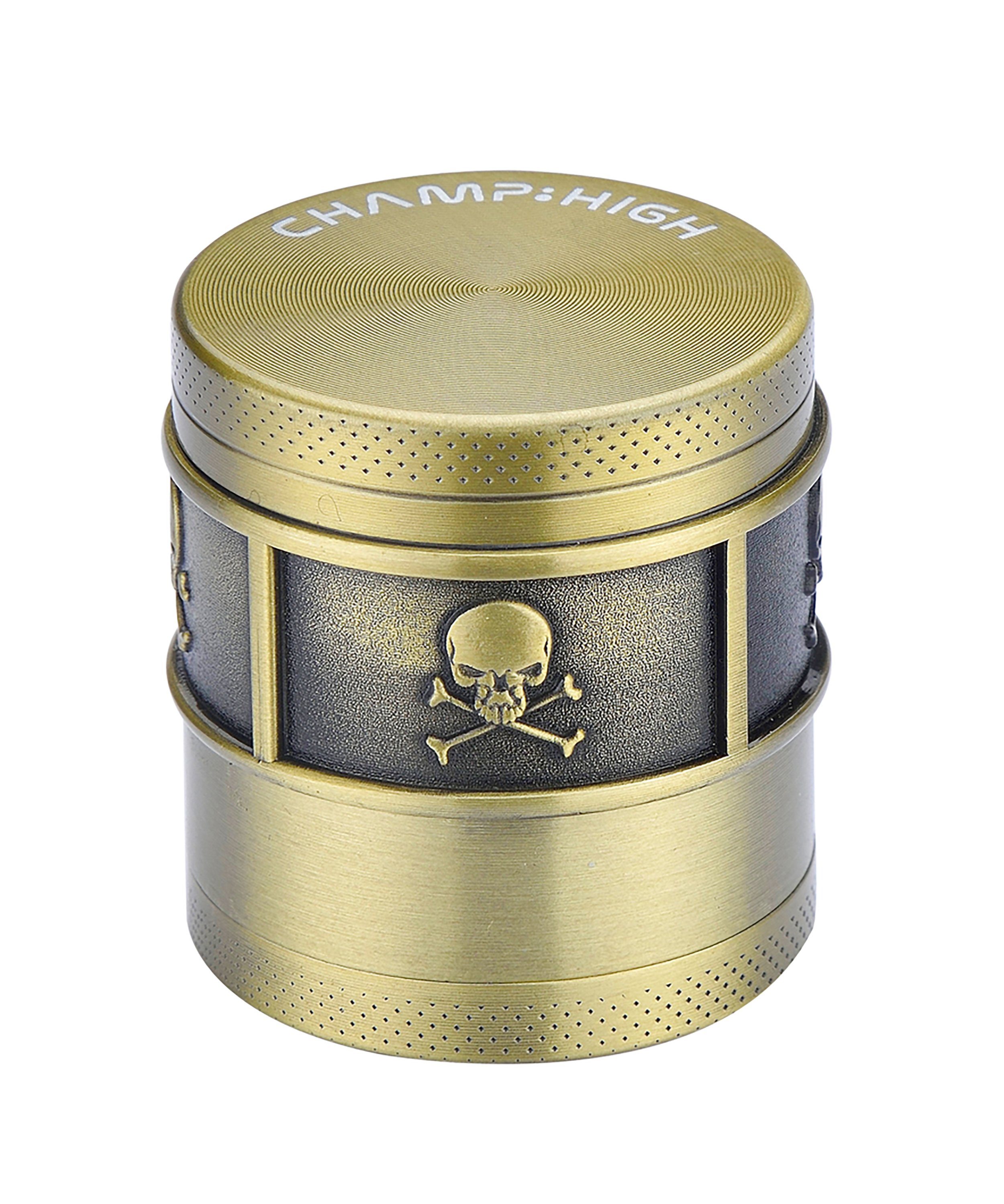 CHAMP HIGH 40mm Metall Crusher (Altgold), Tabak Herb Skull "Totenkopf" Kräuter 30 Mühle Kräutermühle Gewürz GRINDER 4-teilig Sieb