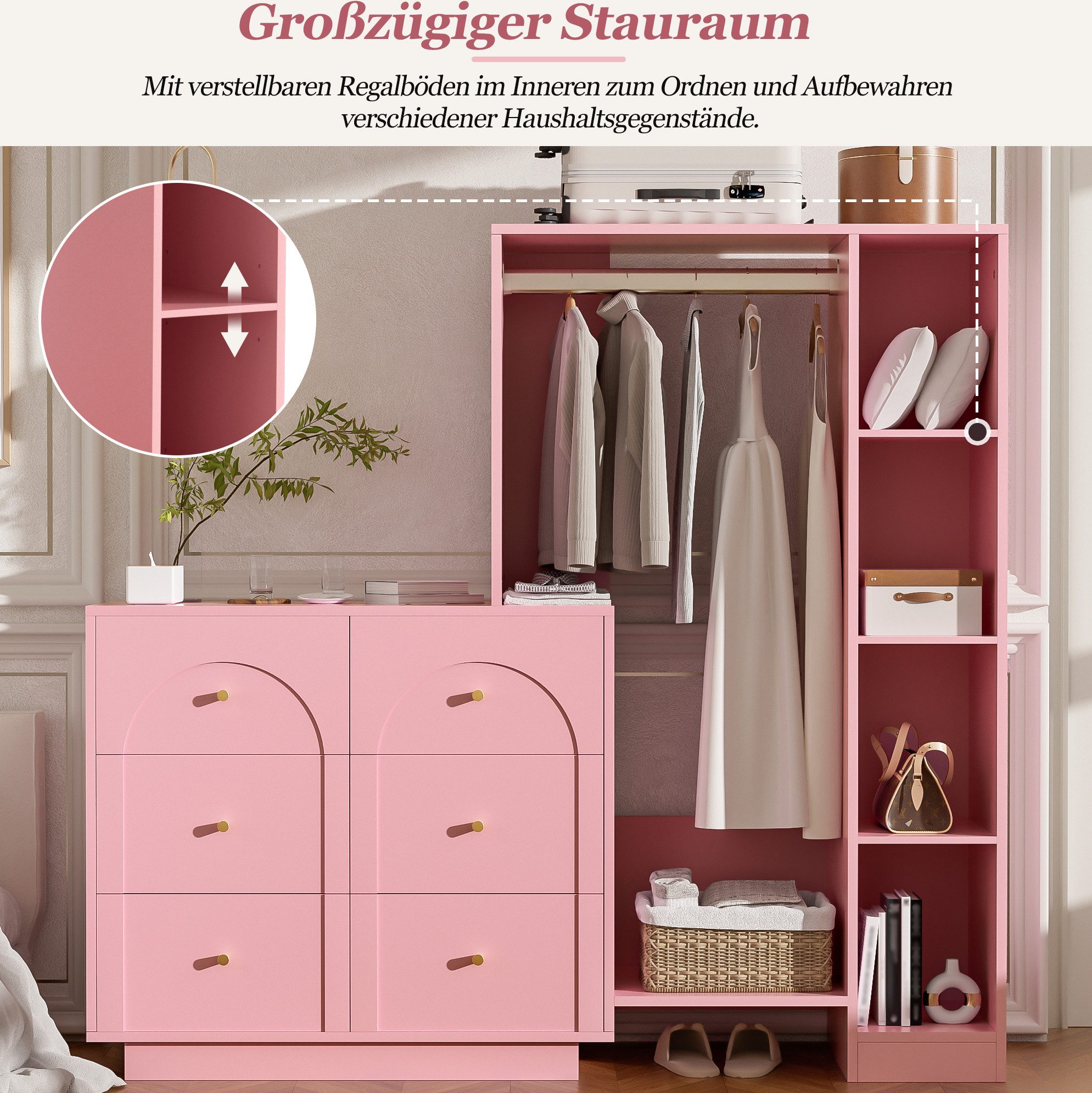 REDOM Kleiderschrank Garderobenschrank, offene Kleideraufbewahrung mit Stange (6 Schubladen und seitlichen Regalen, vielseitiger Mehrzweckschrank mit viel Stauraum, 139×35×133 cm, Kleiderständer Aufbewahrungsschrank)