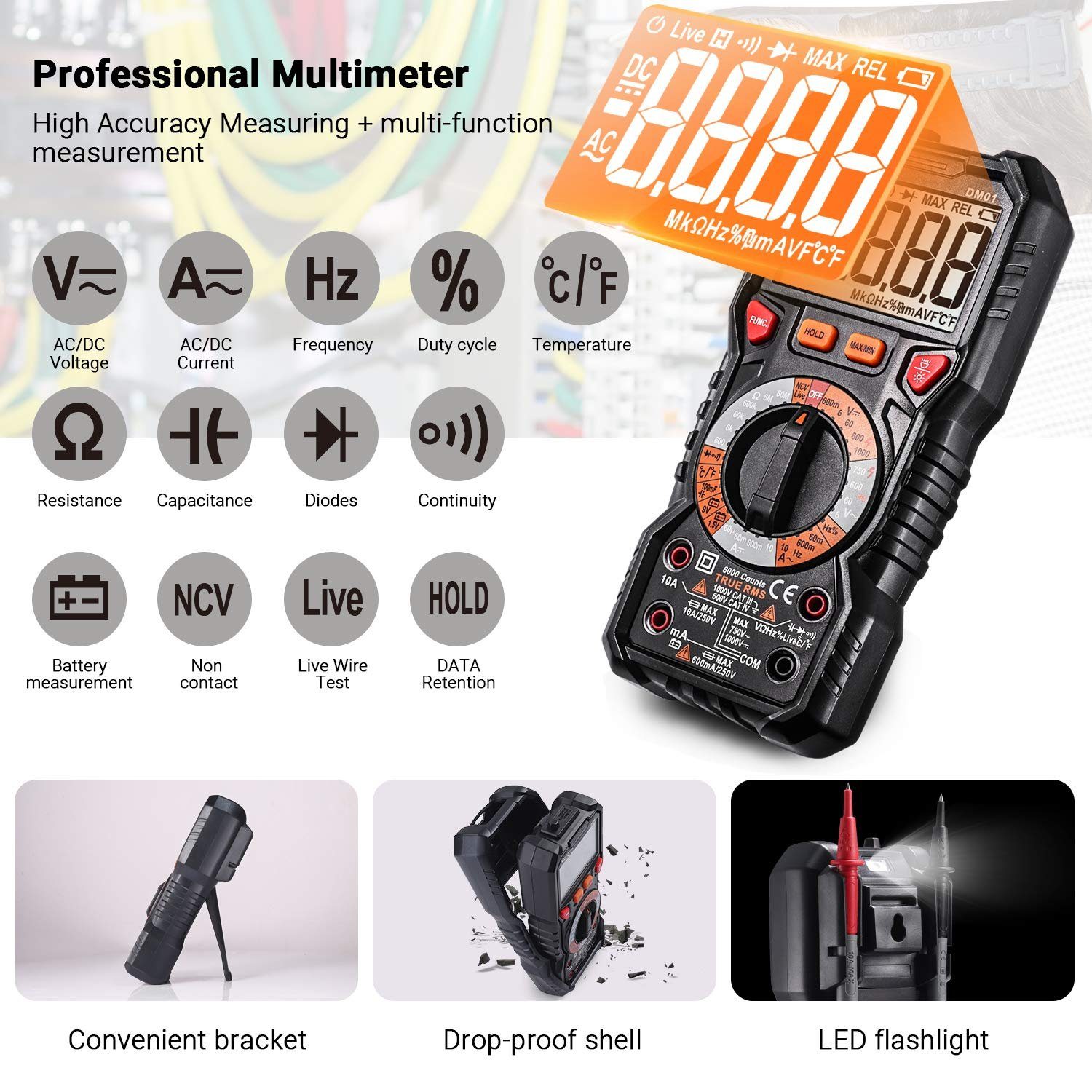 TACKLIFE Multimeter, Digital Spannungsprüfer TRMS 6000 Counts LED Anzeige