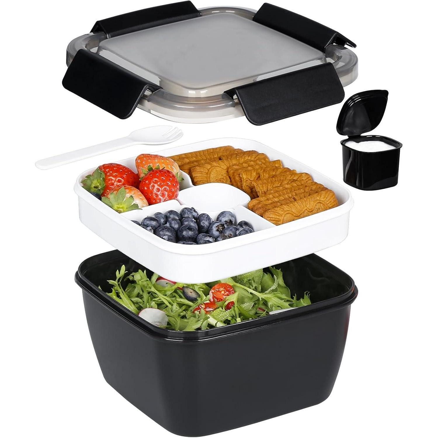 LuxusKollektion Lunchbox Lunchbox Bento Auslaufsicher 3 Fächer Salatbehälter 1500 ML Schwarz, Kunststoff