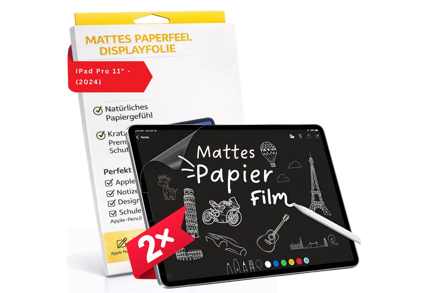 S&T Design Displayschutzfolie 2x Schutzfolie Matt für iPad Paper Like Papier-Schutzfolien für iPad Pro 11″ – (2024), Für iPad, Air, Pro, 2 Stück, Paper-Feel Blendfrei Kratzfest Screen Protector Fingerabdruck Zeichnen