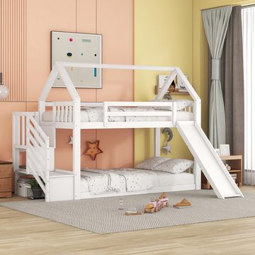 IDEASY Jugendbett Kinderbett Etagenbett, Hausprofil, weiß/grau, 90x200 cm, Kiefer + MDF, mit Rutsche, zwei Stufen, passend für alle Einrichtungsstile