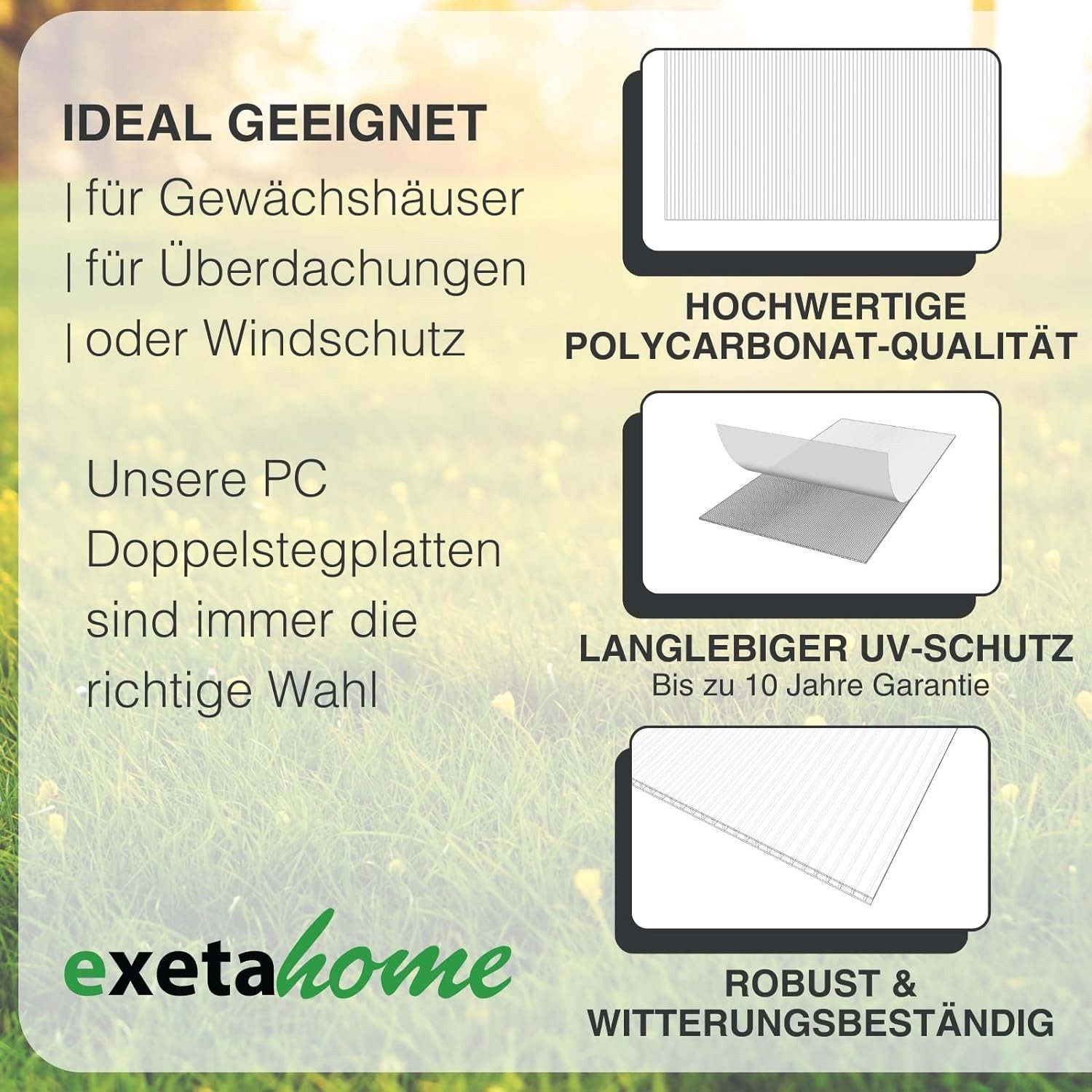 exeta Hohlkammerplatte Gewächshausplatten 4mm 14 Stck. 60,5 x 121 cm Polycarbonat 10,25 qm, 10,25 m², (Spar-Set, 14x 4mm) – Bild 5 von 5