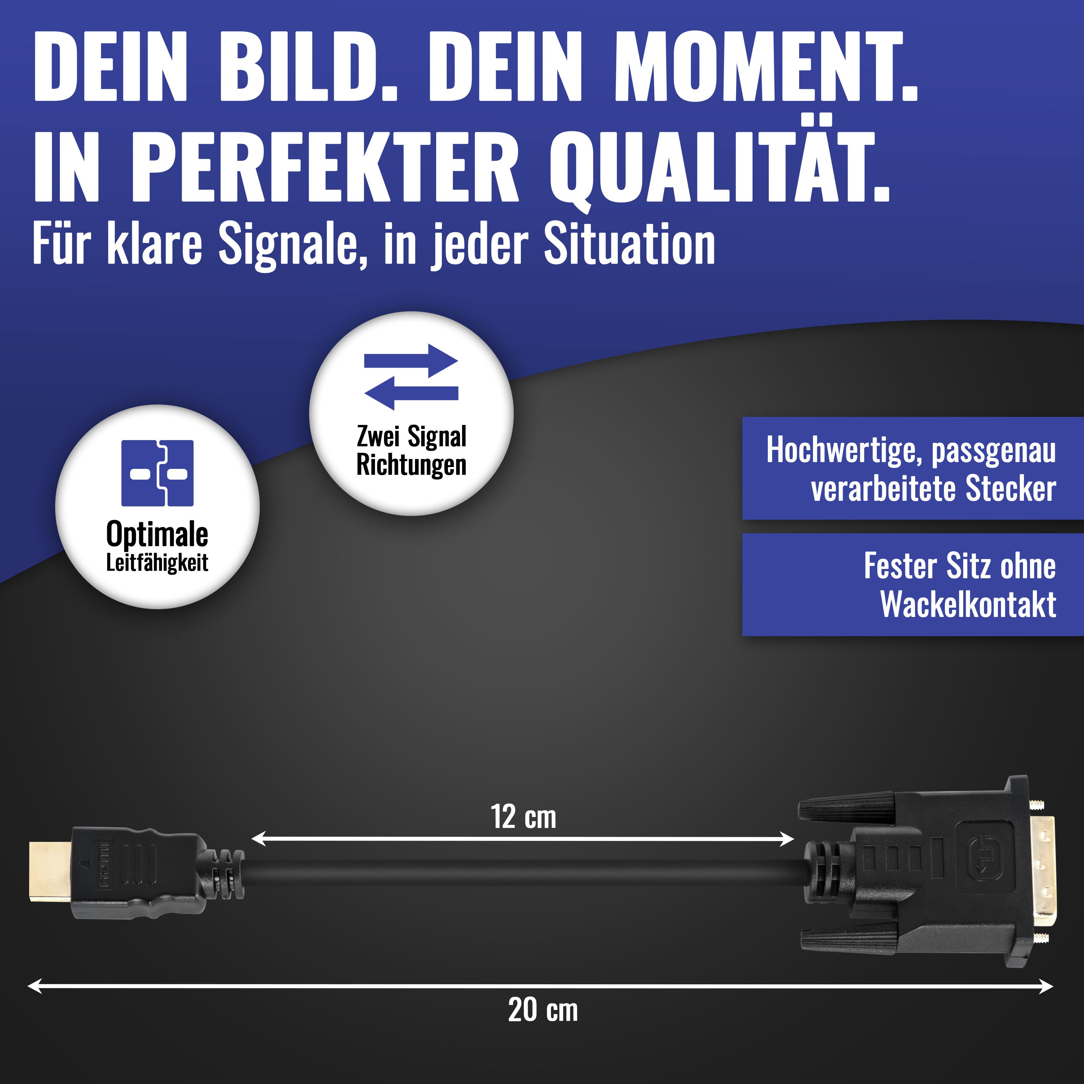 Poppstar HDMI-Adapter, HDMI auf DVI Stecker vergoldet, 19 auf 24+1 Pin, 12cm Kabel