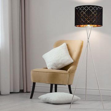 etc-shop Stehlampe, Leuchtmittel nicht inklusive, Stehleuchte Beistellleuchte Wohnzimmerlampe 3-Bein Textil schwarz gold