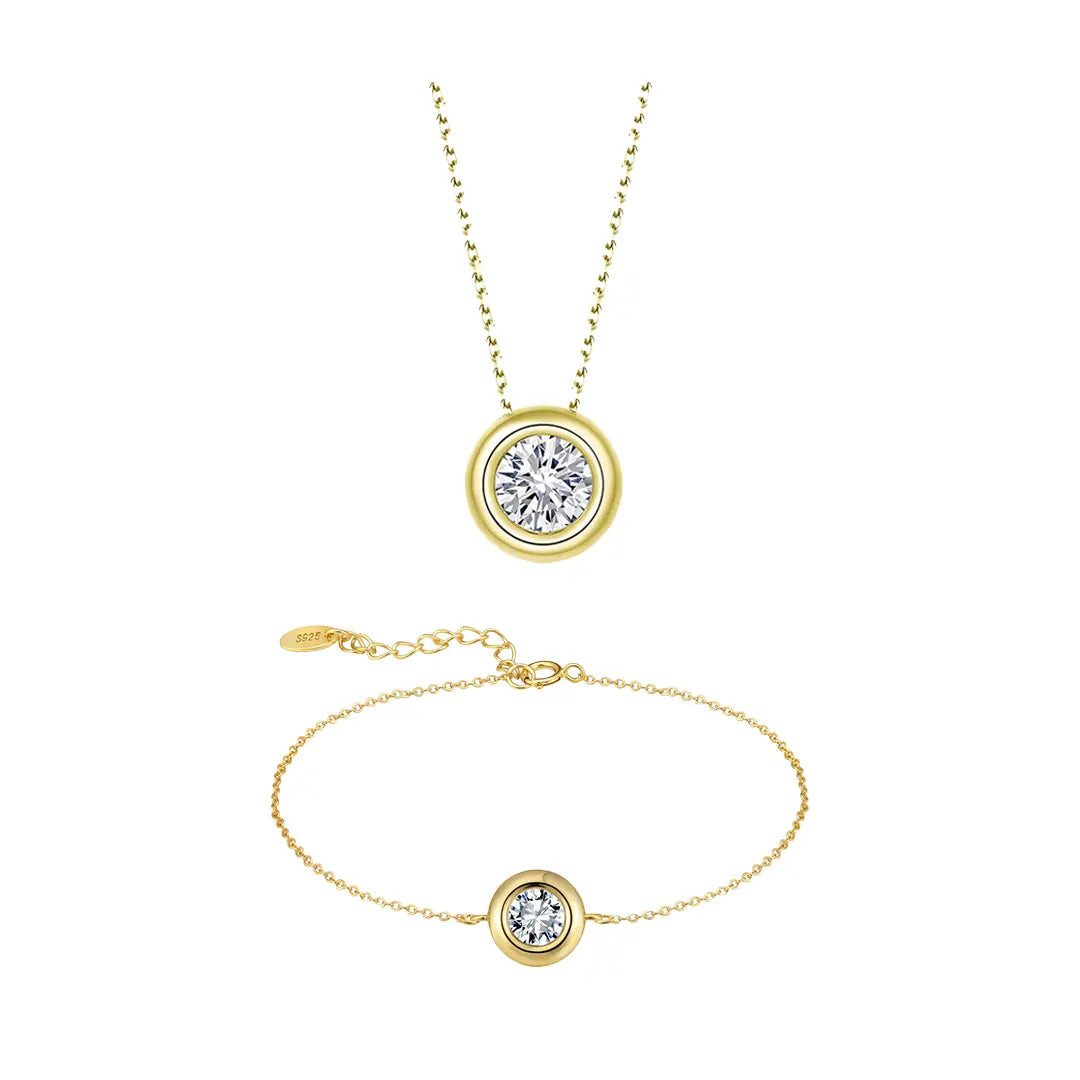 Suzan Gold Schmuckset 925 Silber vergoldet Zirkonia rund Kette & Armband, Zeitloses Design, vielseitig kombinierbar, ideal als Geschenk