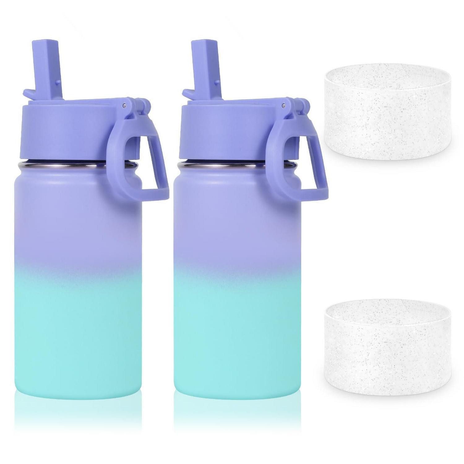 LuxusKollektion Isolierkanne Trinkflasche Kinder 410ml Edelstahl mit Trinkhalm Lila-Blau 2er, (2-St)