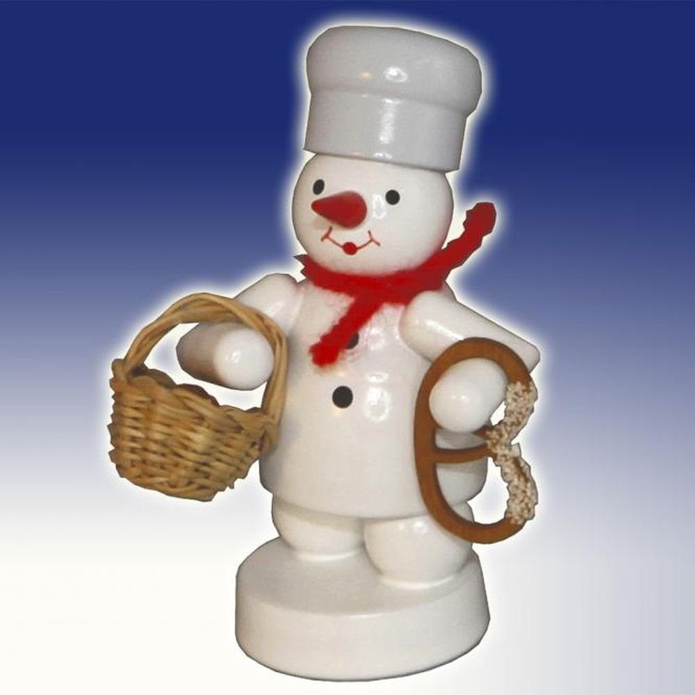 Schneemann Winterdekoration Schneemann mit Bäcker mit Korb und Brezel Höhe 8cm