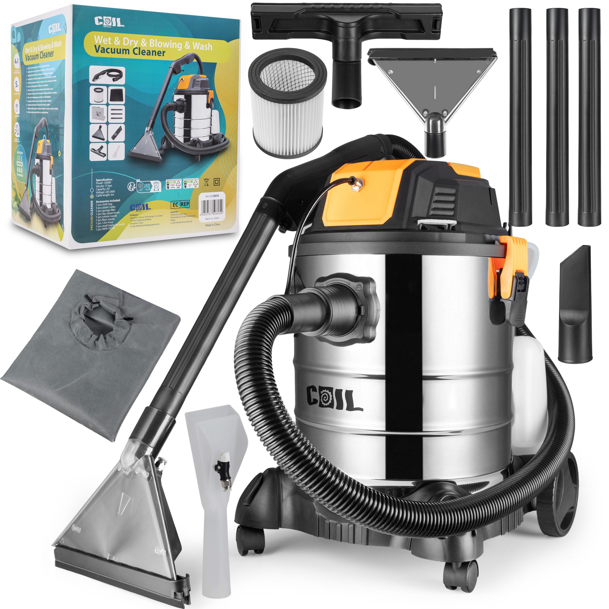 COIL Nass-Trocken-Sauger Waschsauger, 4-in-1, Teppichreiniger, 19 kPa, 5L Wassertank, 1300 W, beutellos, mit Sprühfunktion & Blasfunktion, 25L, Filterreinigungsfunktion