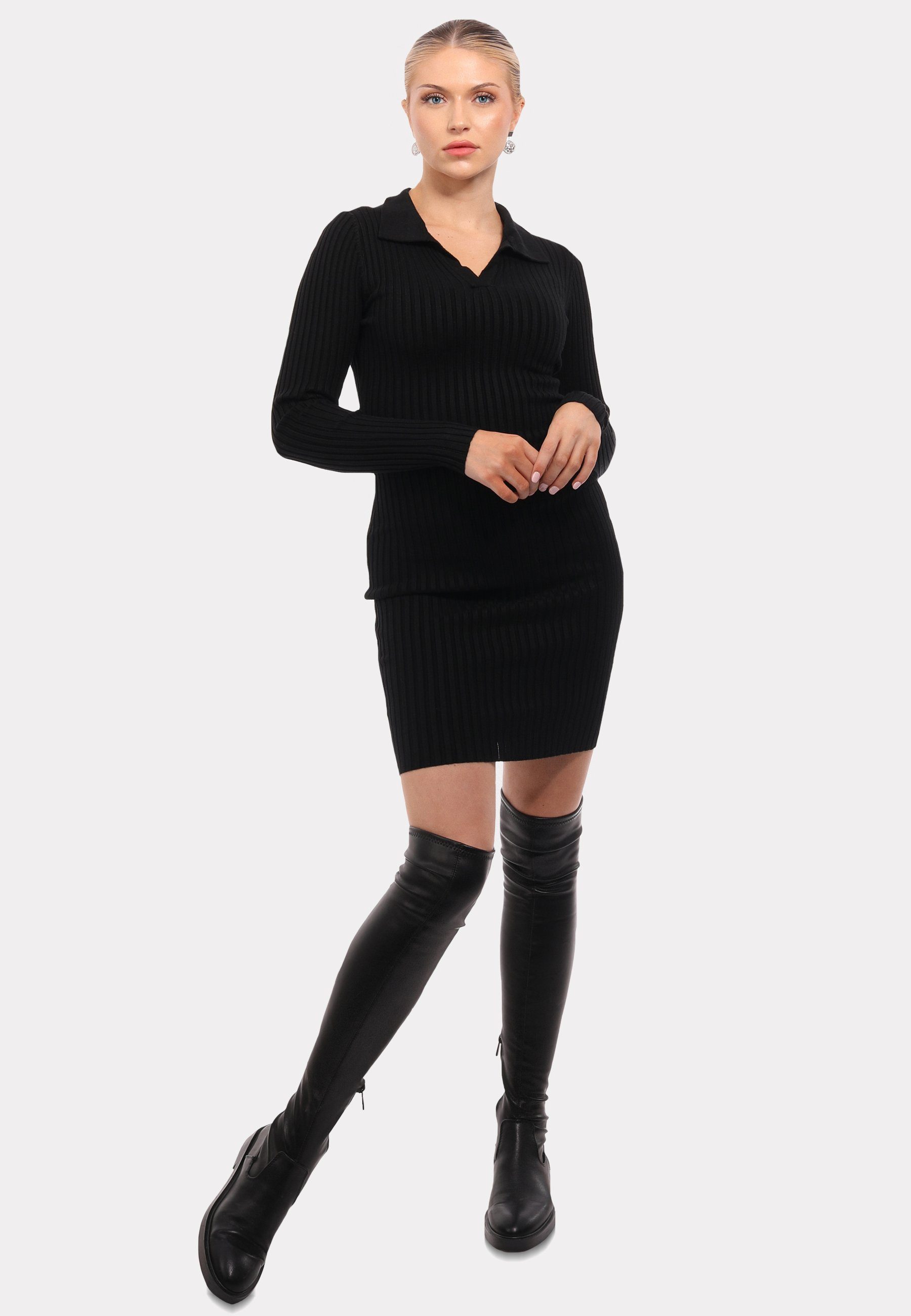 Strickkleid Fashion schwarz Style Strickkleid in (1-tlg) Mini & mit Polokragen Unifarbe YC Elegantes